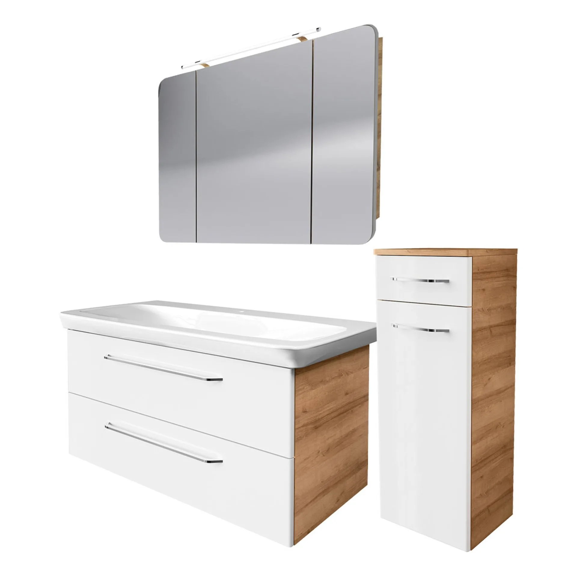 FACKELMANN MILANO Badmöbel Set 4-teilig 107 cm breit, Weiß/Braun hell, Waschbecken Keramik Weiß + LED Spiegelschrank + Midischrank