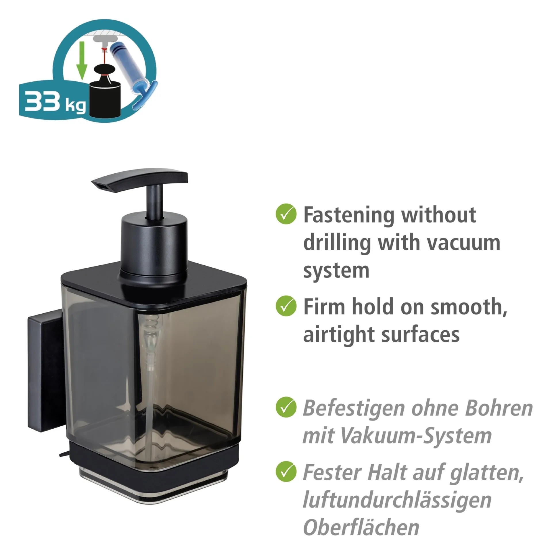 WENKO QUADRO Seifenspender 340 ml, Schwarz, Edelstahl rostfrei, Vacuum-Loc