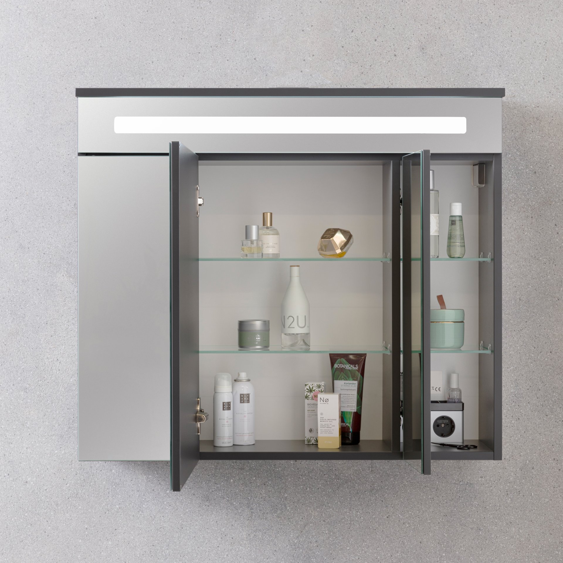 FACKELMANN KARA Waschtisch Set mit Spiegelschrank 80 cm breit, Anthrazit, Waschbecken Glas Mint, 2 Schubladen