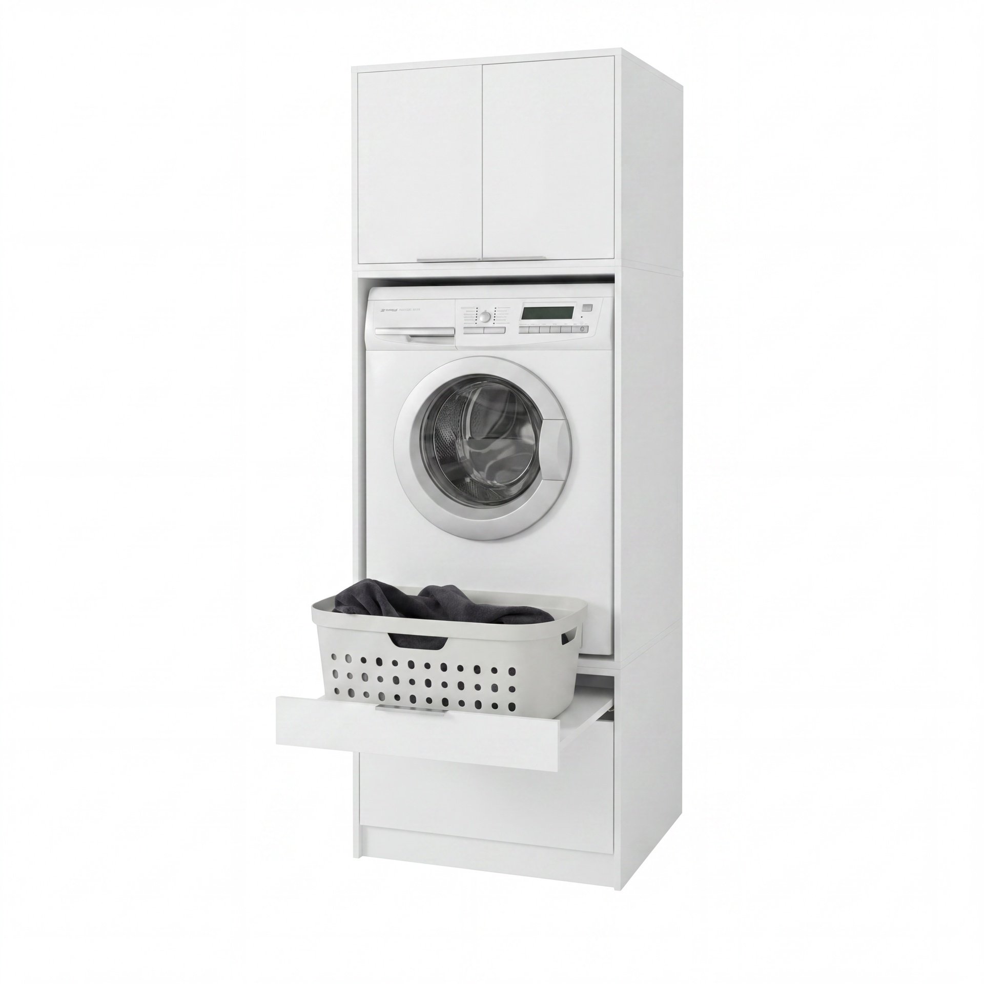 FACKELMANN Waschturm Set 3-teilig 65 cm breit, Weiß, Trockner-/Waschmaschinenaufsatz + Aufsatzschrank + Unterbauschrank