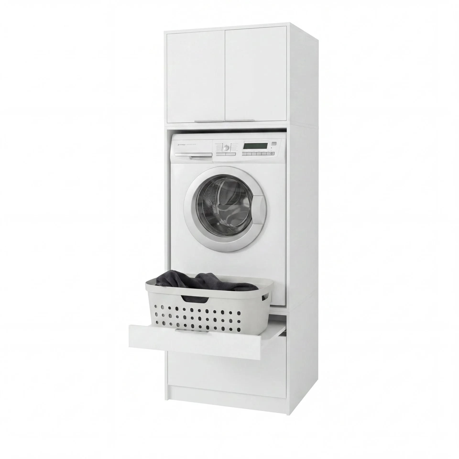 FACKELMANN Waschturm Set 3-teilig 65 cm breit, Weiß, Trockner-/Waschmaschinenaufsatz + Aufsatzschrank + Unterbauschrank