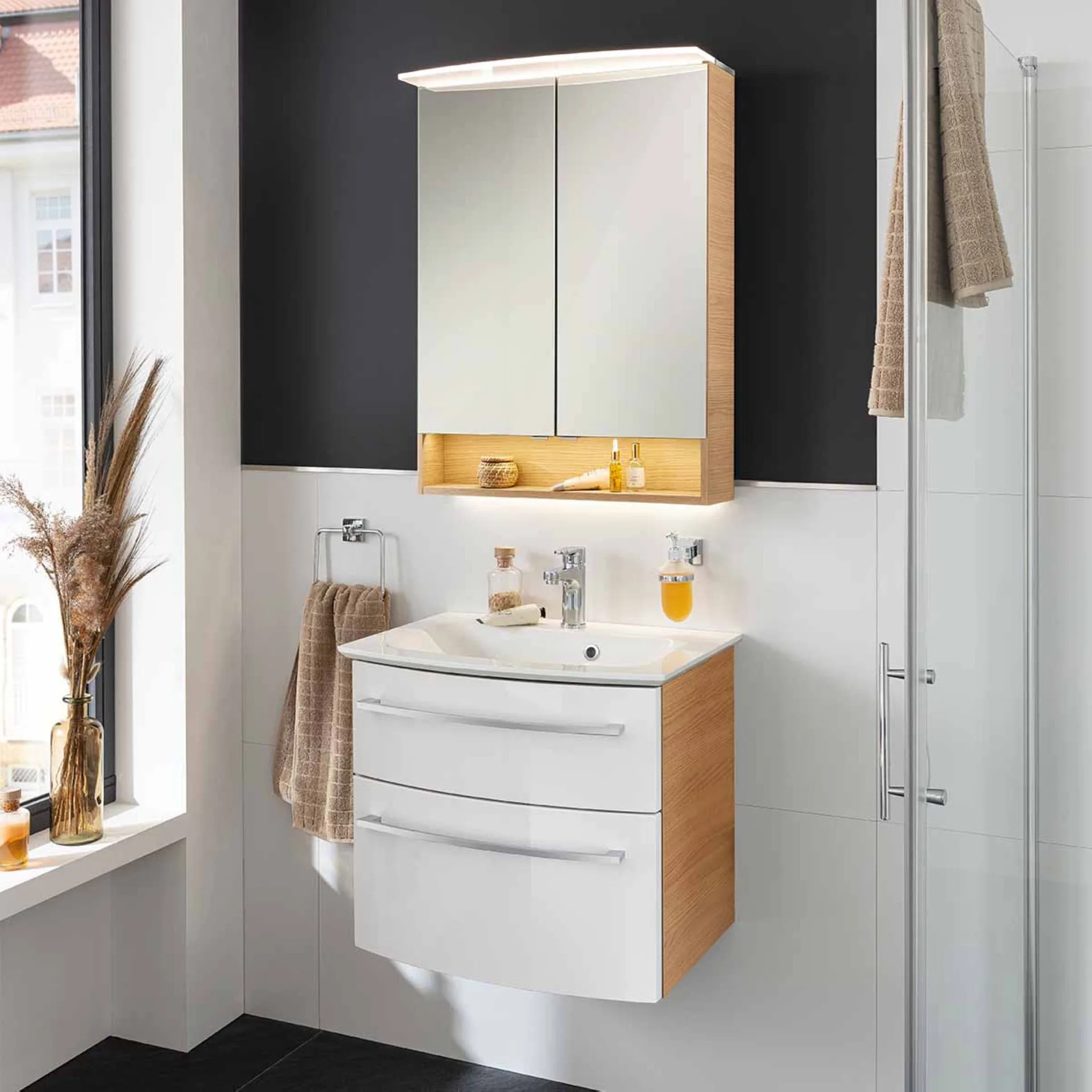 FACKELMANN B.STYLE Waschbecken mit Unterschrank 63 cm breit, Weiß/Braun, Waschbecken Gussmarmor Weiß
