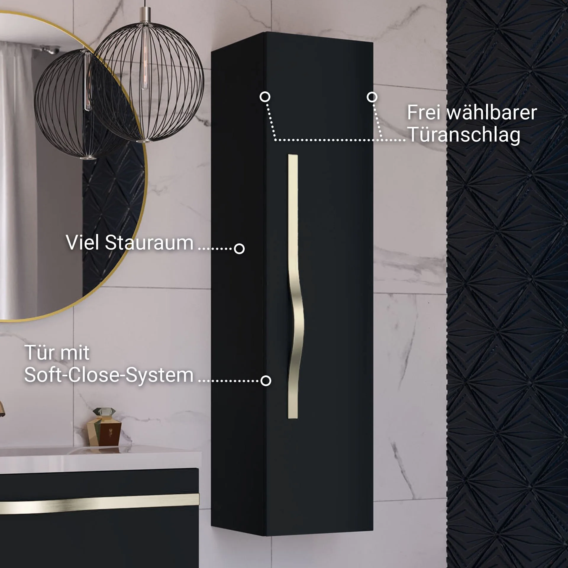 BADEDU FILS Hochschrank 33 cm breit, Schwarz, Griff Silber