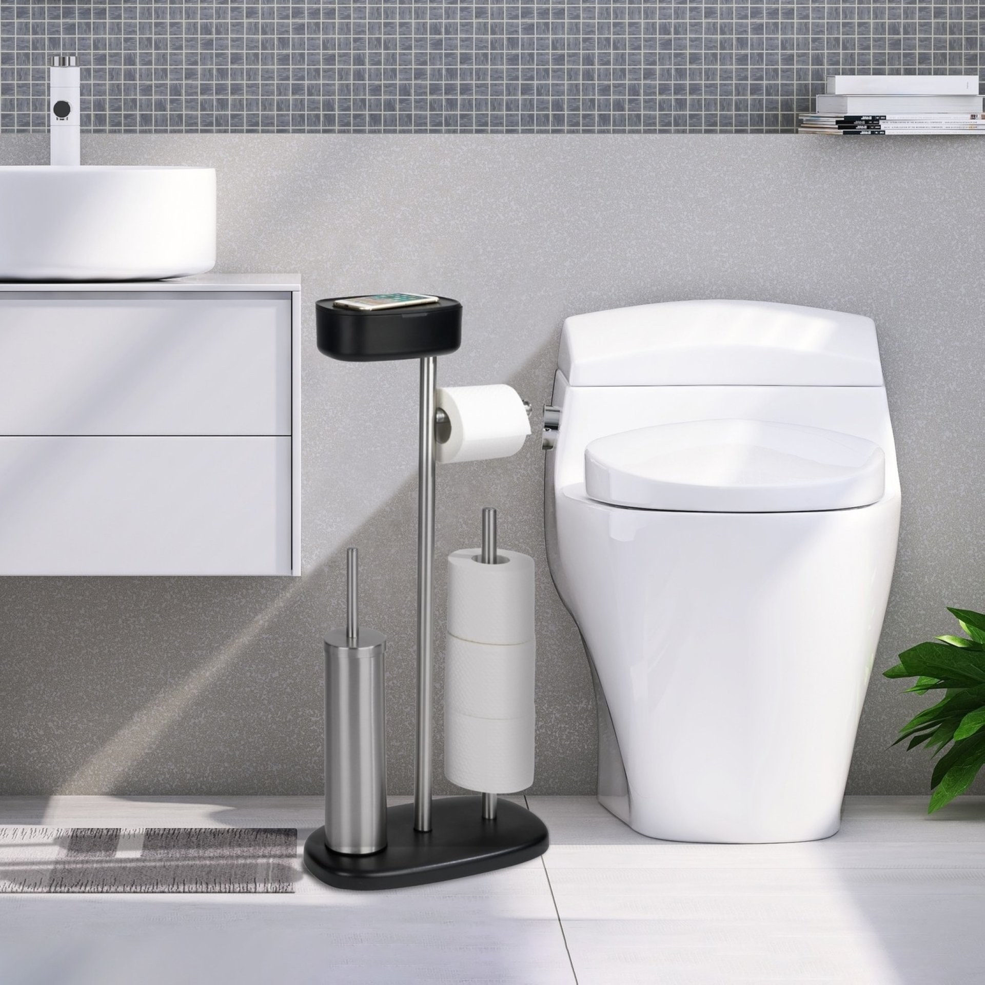 WENKO RIVAZZA WC-Garnitur, Schwarz/Silber, mit Toilettenpapierhalter, Bevorrater und Ablage, stehend