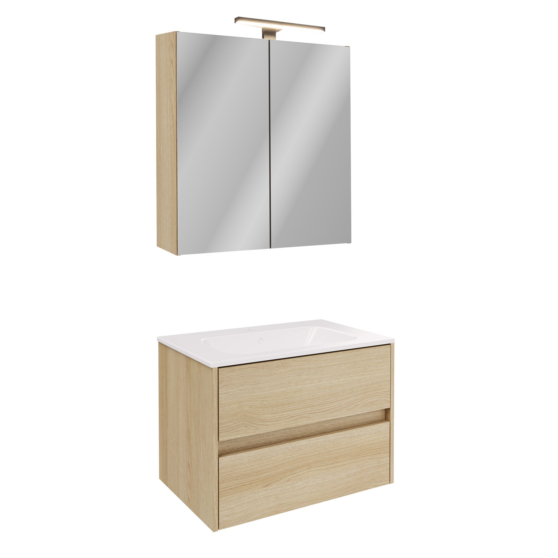 FACKELMANN COMPACT LINE Waschtisch Set mit Spiegelschrank 71 cm breit, Braun hell, Waschbecken Keramik Weiß, inklusive Aufsatzleuchte und Energie Box, 2 Schubladen