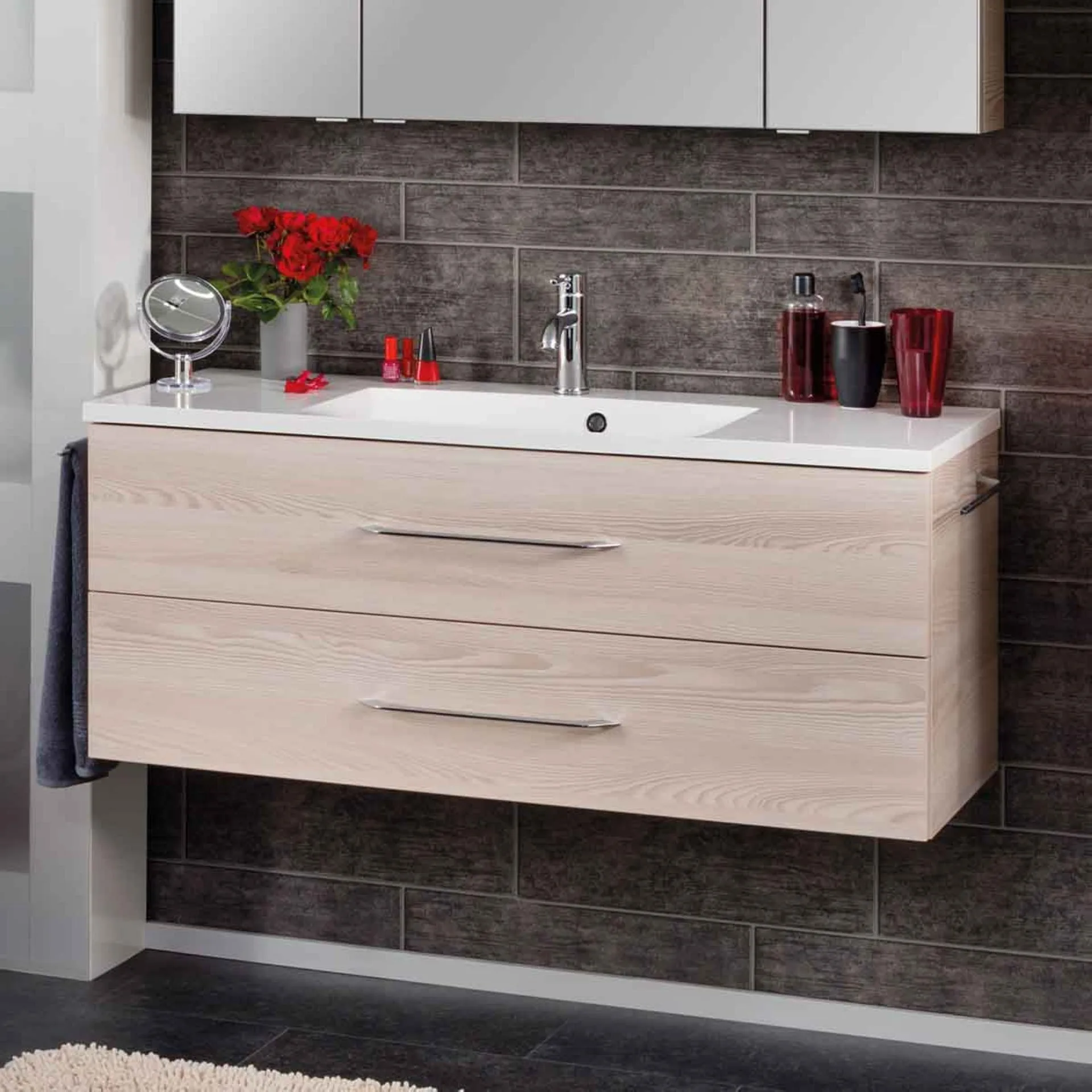 FACKELMANN B.CLEVER Waschbecken mit Unterschrank 120 cm breit, Braun hell, Waschbecken Gussmarmor Weiß