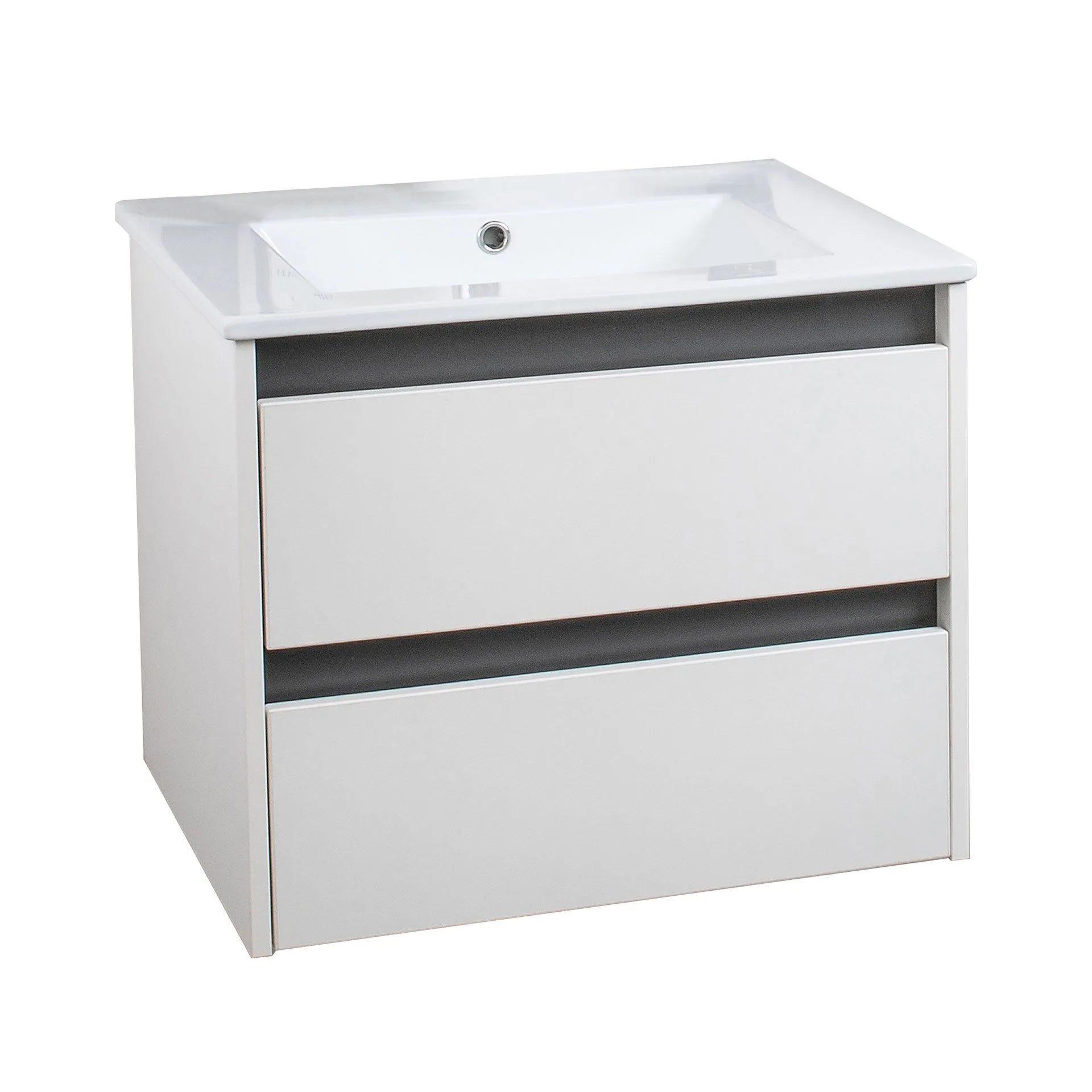 BADEDU BYK Waschbecken mit Unterschrank 60 cm breit, Weiß/Braun/Anthrazit, Waschbecken Keramik Weiß, Blende tauschbar