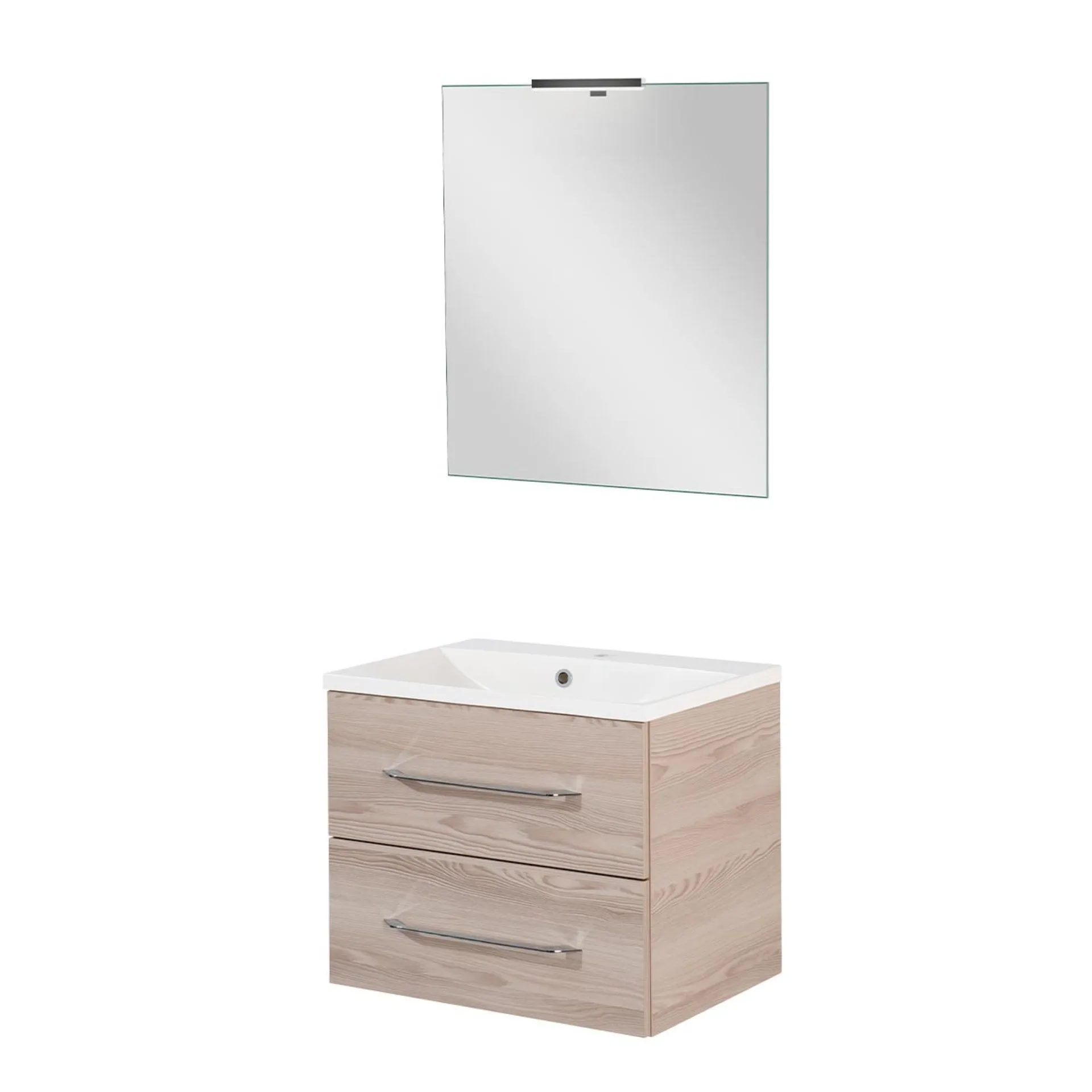 FACKELMANN B.CLEVER Waschtisch Set mit Spiegel 60 cm breit, Braun hell, Waschbecken Gussmarmor Weiß + LED Aufsatzleuchte