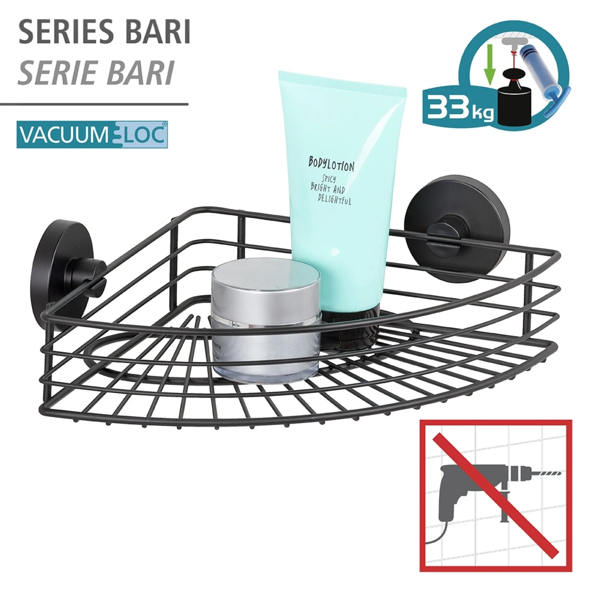 WENKO BARI Dusch Eckablage, Schwarz matt, Befestigen ohne Bohren