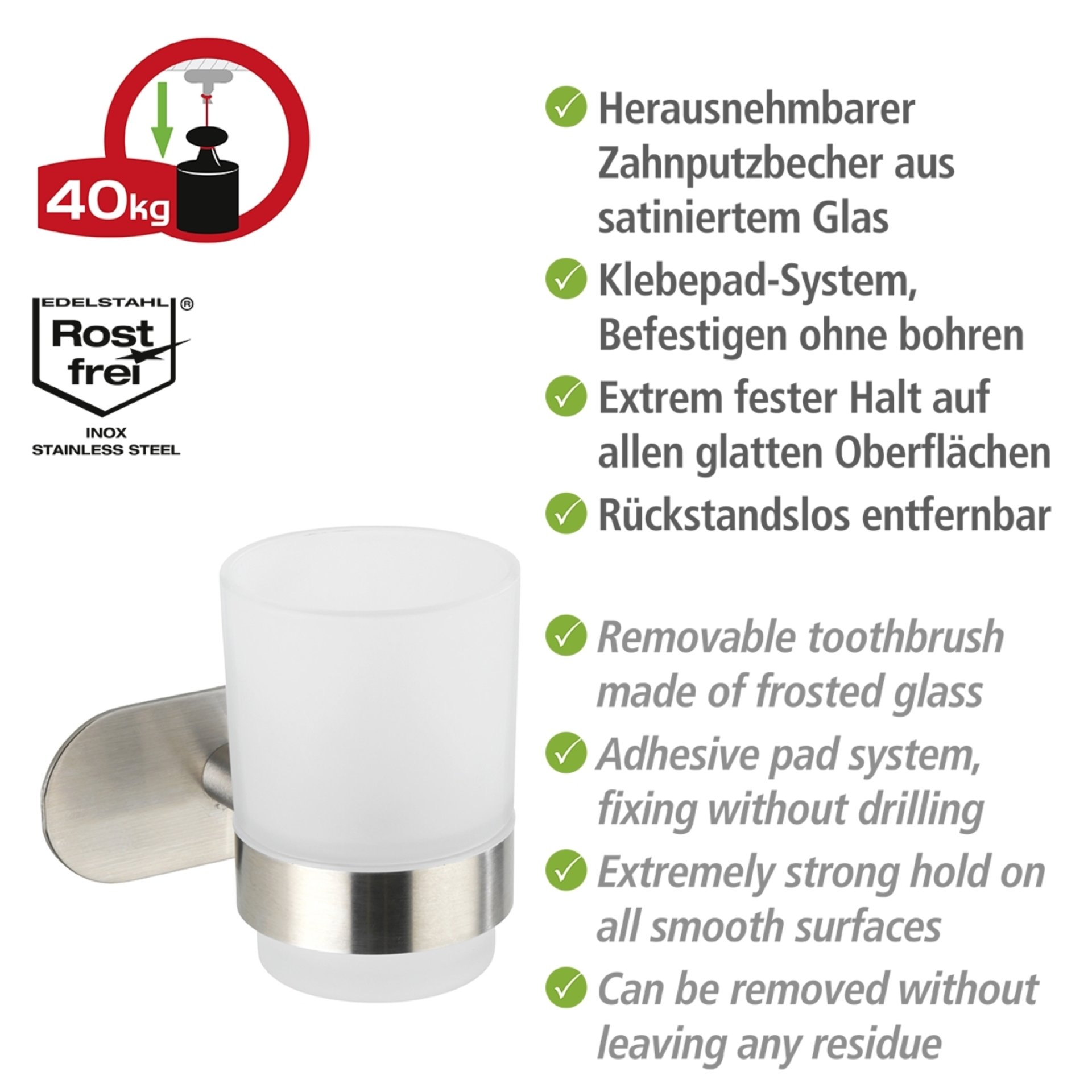 WENKO OREA Zahnputzbecher, Chrom matt, Edelstahl rostfrei , Befestigen ohne Bohren