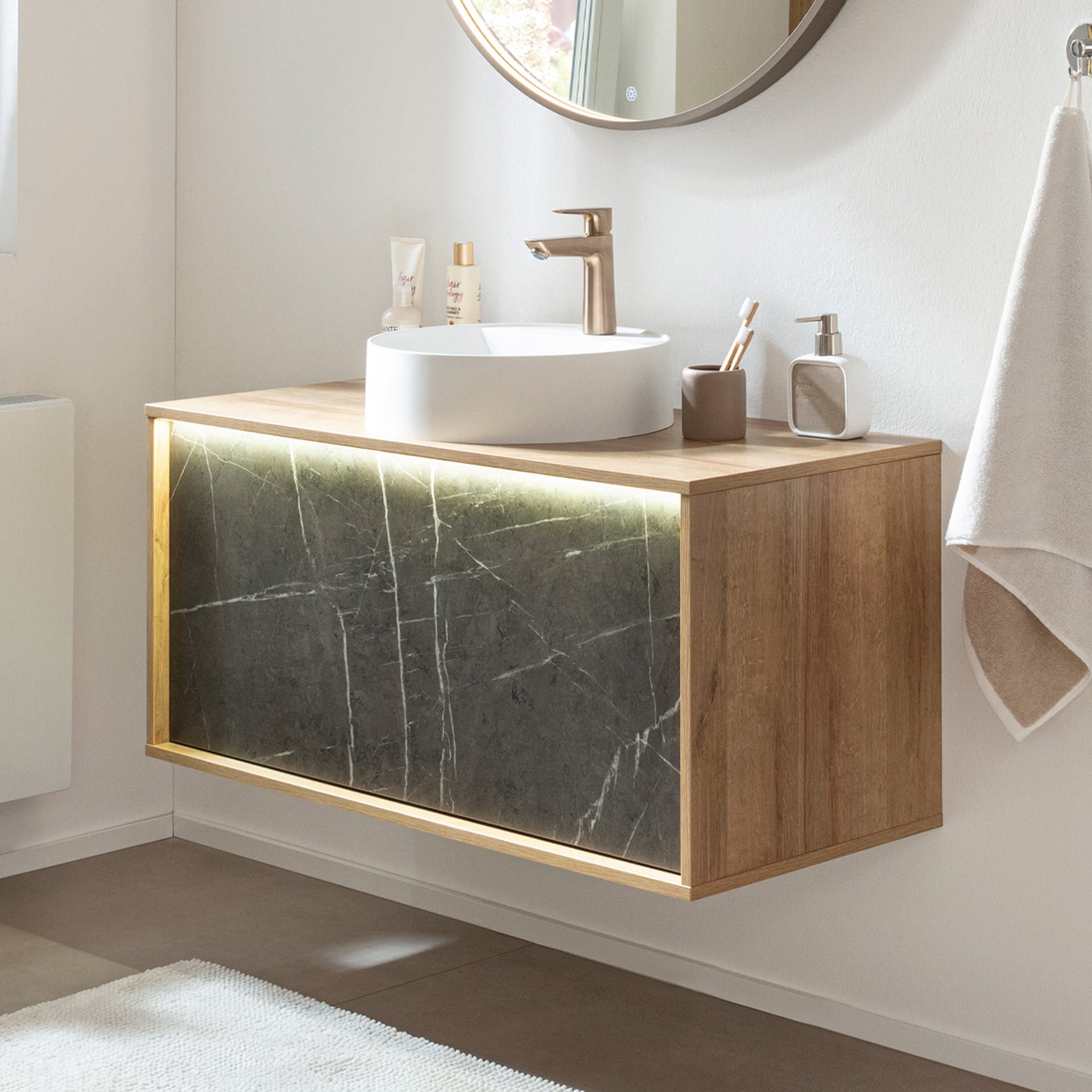 LANZET DUNE Waschbeckenunterschrank 100,3 cm breit, Braun hell/Marmor Grau, inkl. LED Beleuchtung