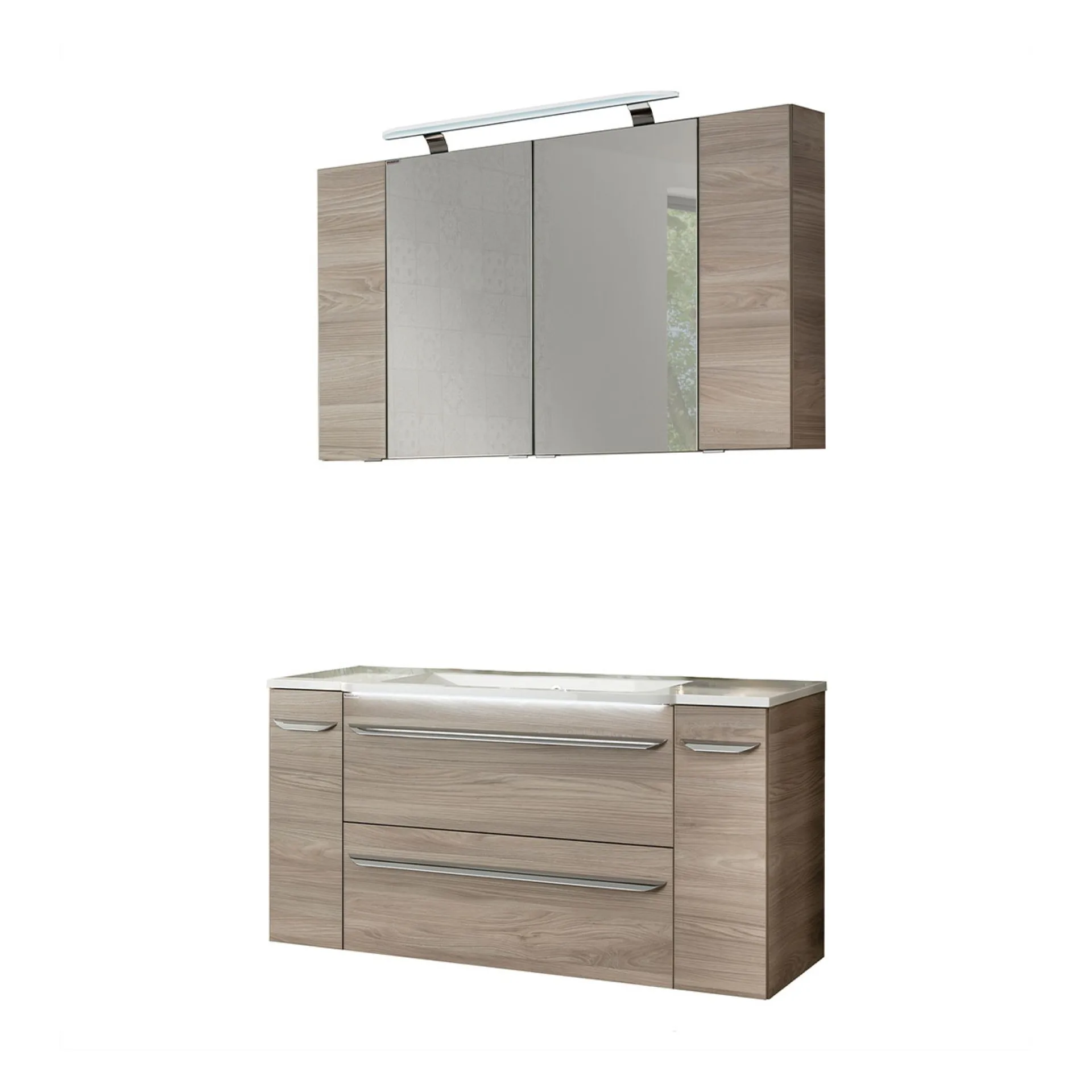 FACKELMANN LUXOR Badmöbel Set 7-teilig 120 cm breit, Braun hell, Waschbecken Gussmarmor Weiß + LED Spiegelschrank + Hängeschränke + Unterschränke