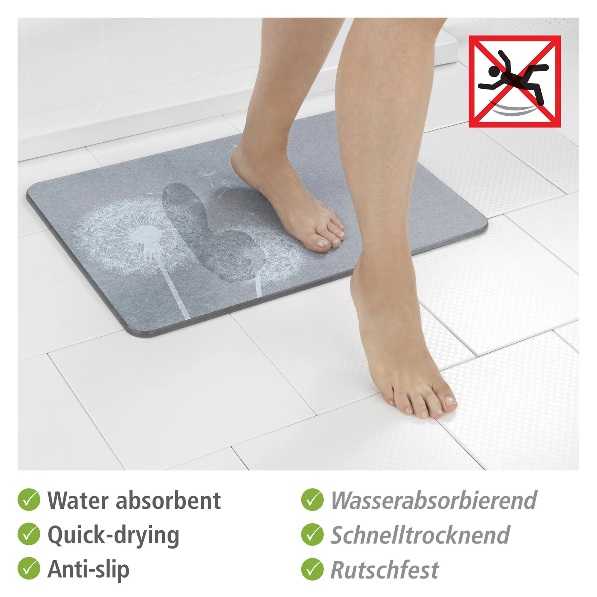 WENKO ASTERA Badematte 60 x 39 cm, Grau, aus natürlichem Diatomit