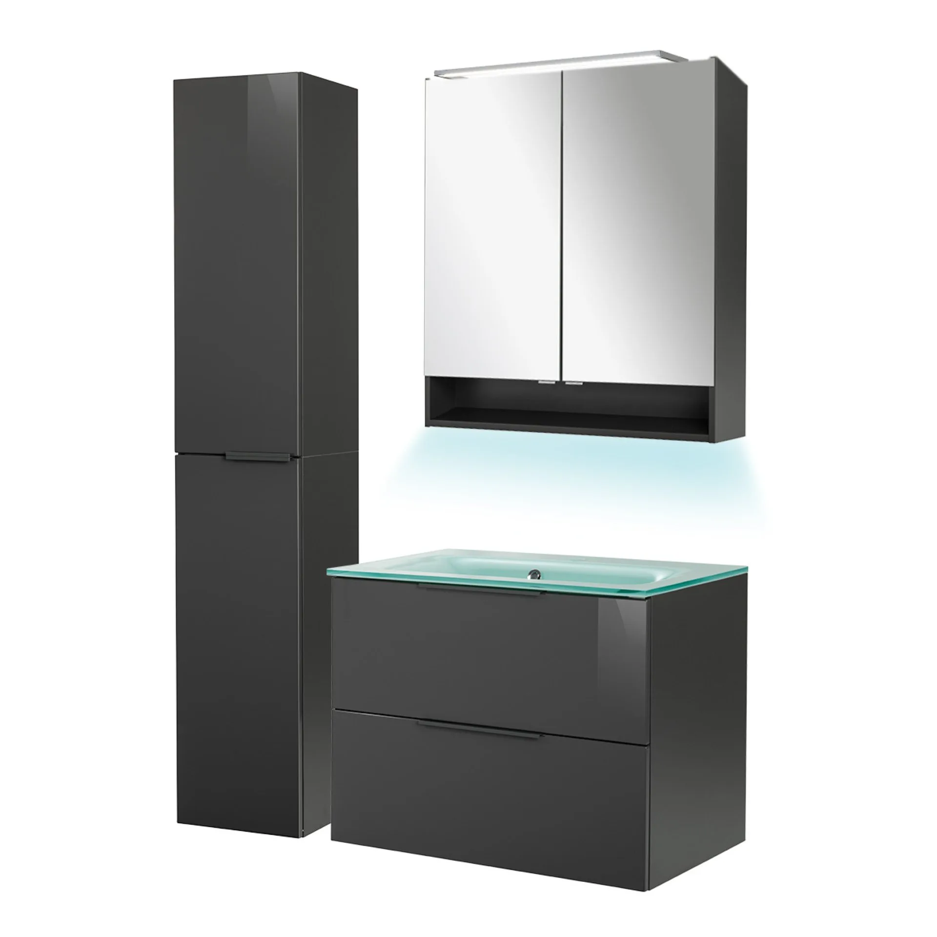 FACKELMANN LUNA Badmöbel Set 5-teilig 80 cm breit, Anthrazit, Waschbecken Glas Mint + Hochschrank + Ambientebeleuchtung