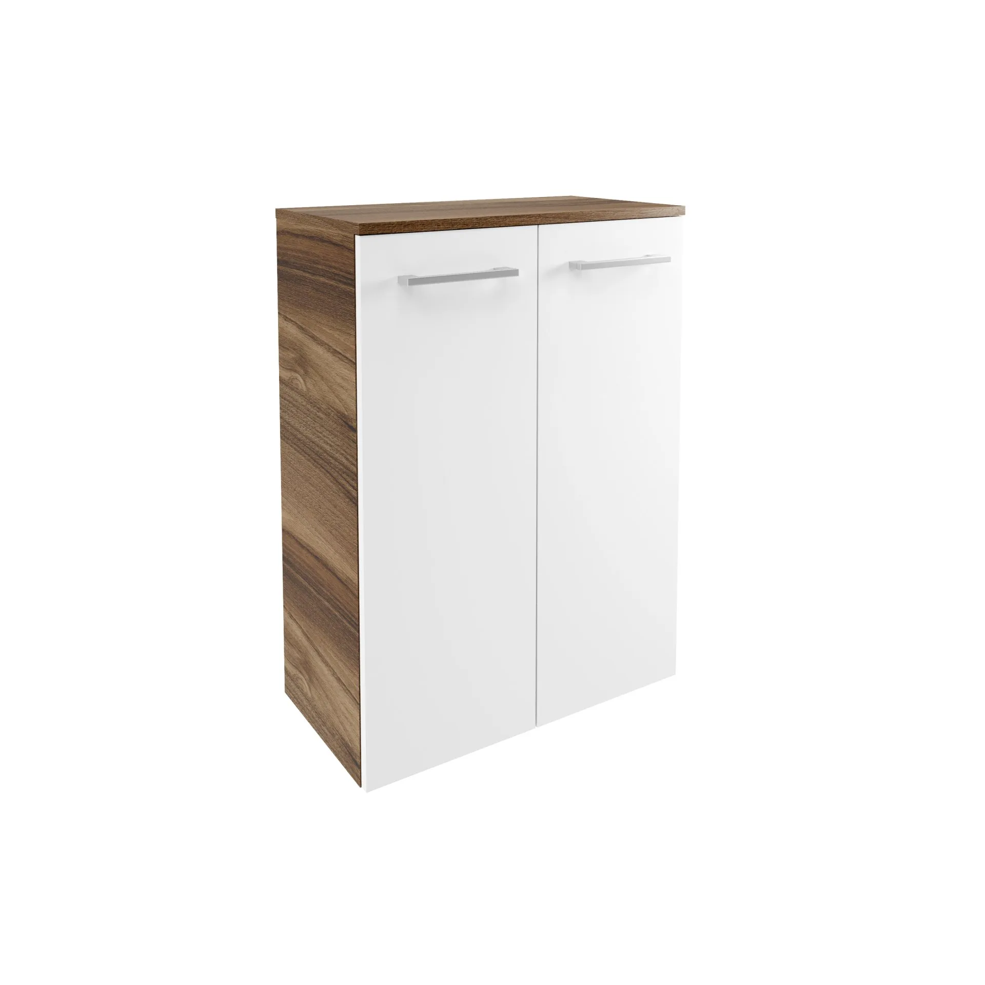 FACKELMANN VERONA Doppel Midischrank 60 cm breit, Weiß Hochglanz/Braun Dunkel, mit Wäschekorb