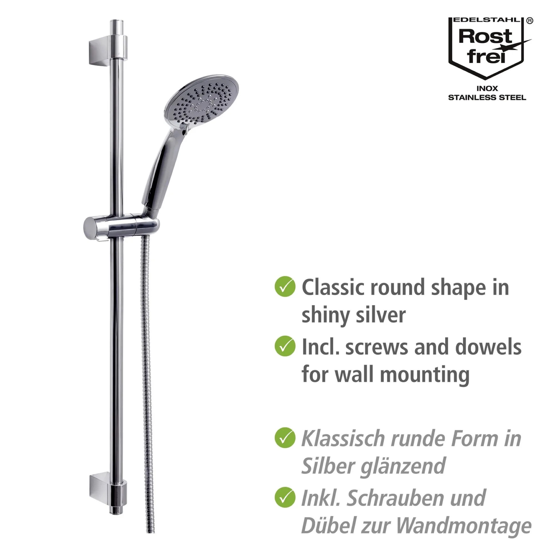 WENKO YOUNG Stangenbrause Set 66 cm, Chrom, 5 verschiedene Wasserstrahlarten