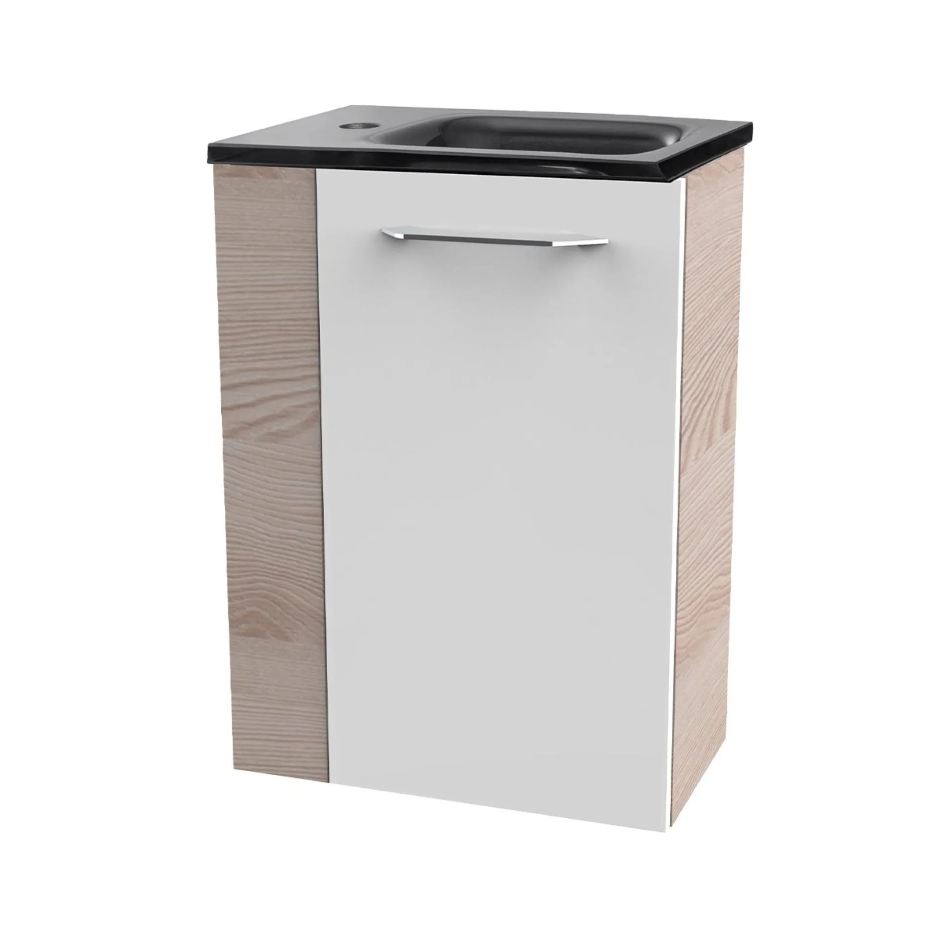 FACKELMANN SBC B.CLEVER Gäste WC Waschtisch Set 45 cm breit, Weiß/Braun hell, Waschbecken Glas Anthrazit, Türanschlag rechts