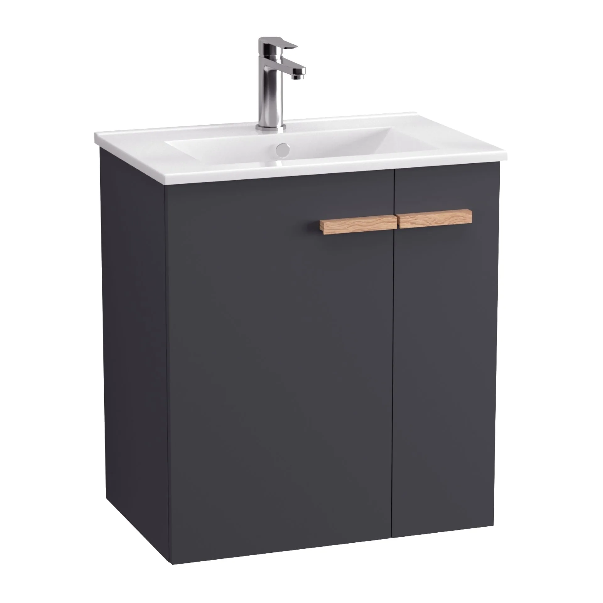 BADEDU HIERA Waschbecken mit Unterschrank 60 cm breit, Anthrazit, Waschbecken Keramik Weiß