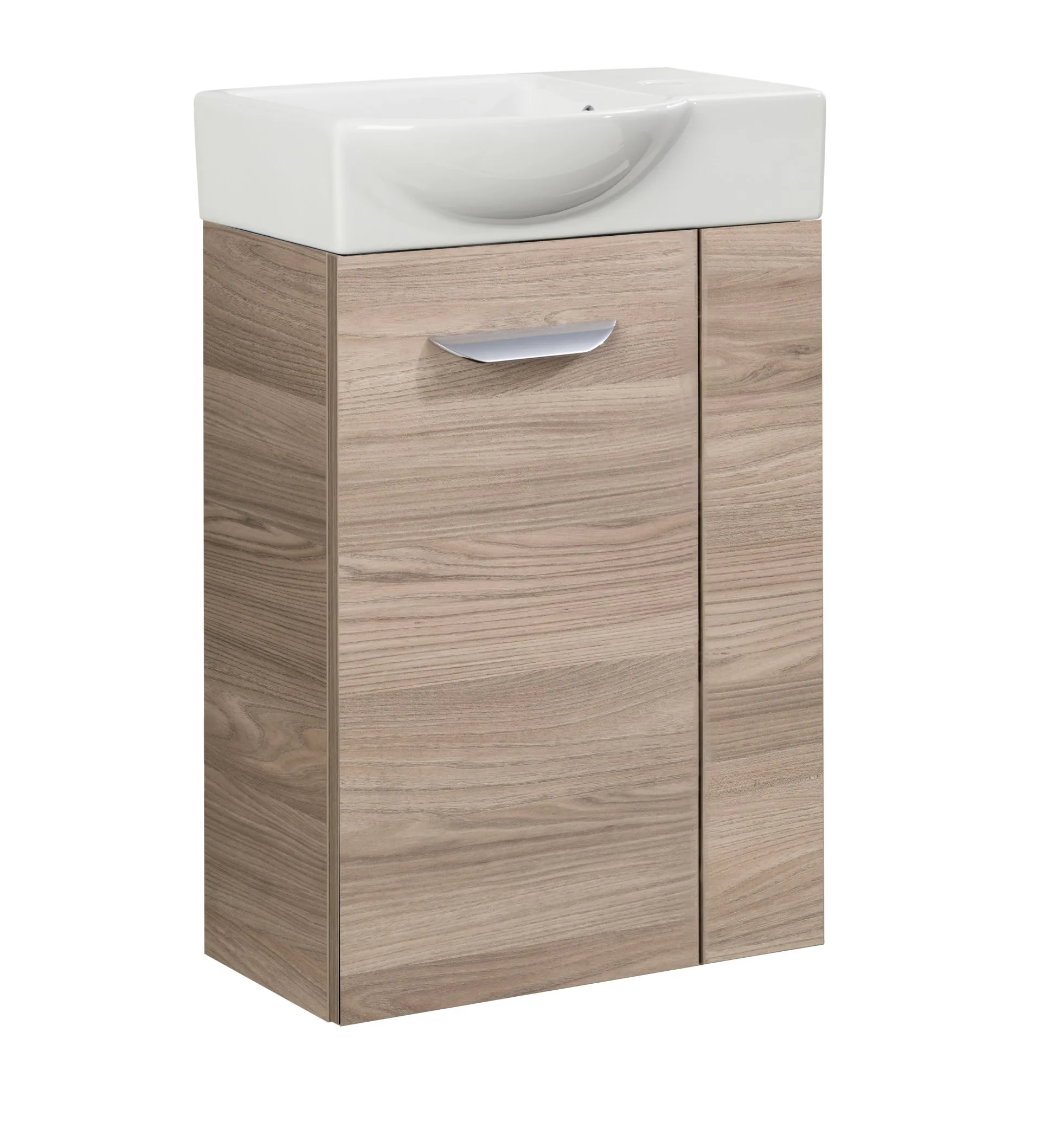FACKELMANN SBC LUXOR Gäste WC Waschtisch Set 45 cm breit, Braun hell, Waschbecken Keramik Weiß, Türanschlag links
