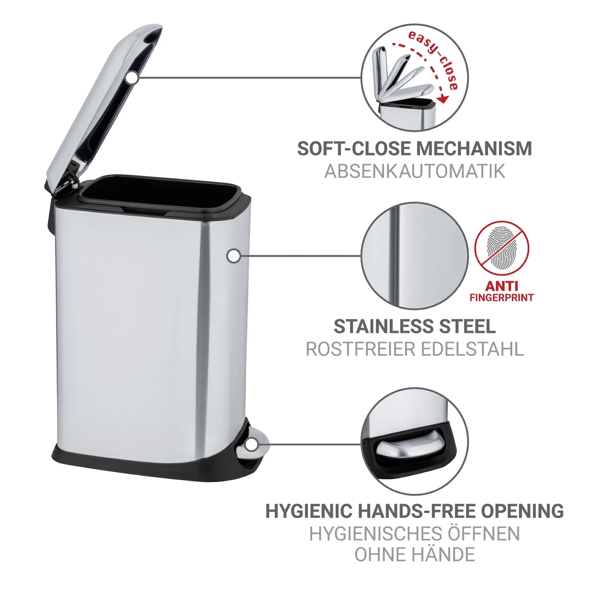 WENKO DESIGN Mülleimer 12 Liter, Silber, mit Absenkautomatik
