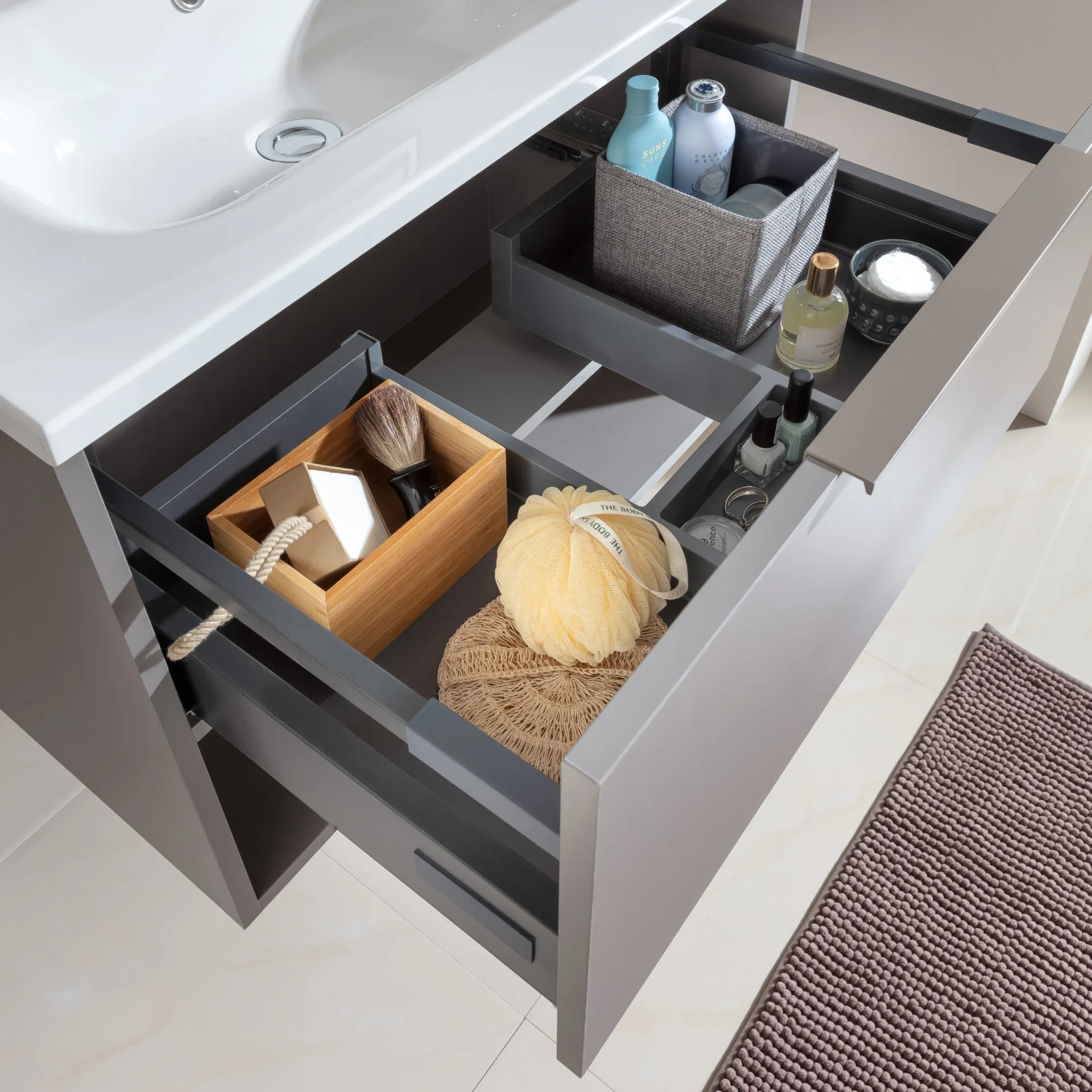 FACKELMANN B.PARIS Waschbecken mit Unterschrank 70 cm breit, Grau, Waschbecken Glas Weiß