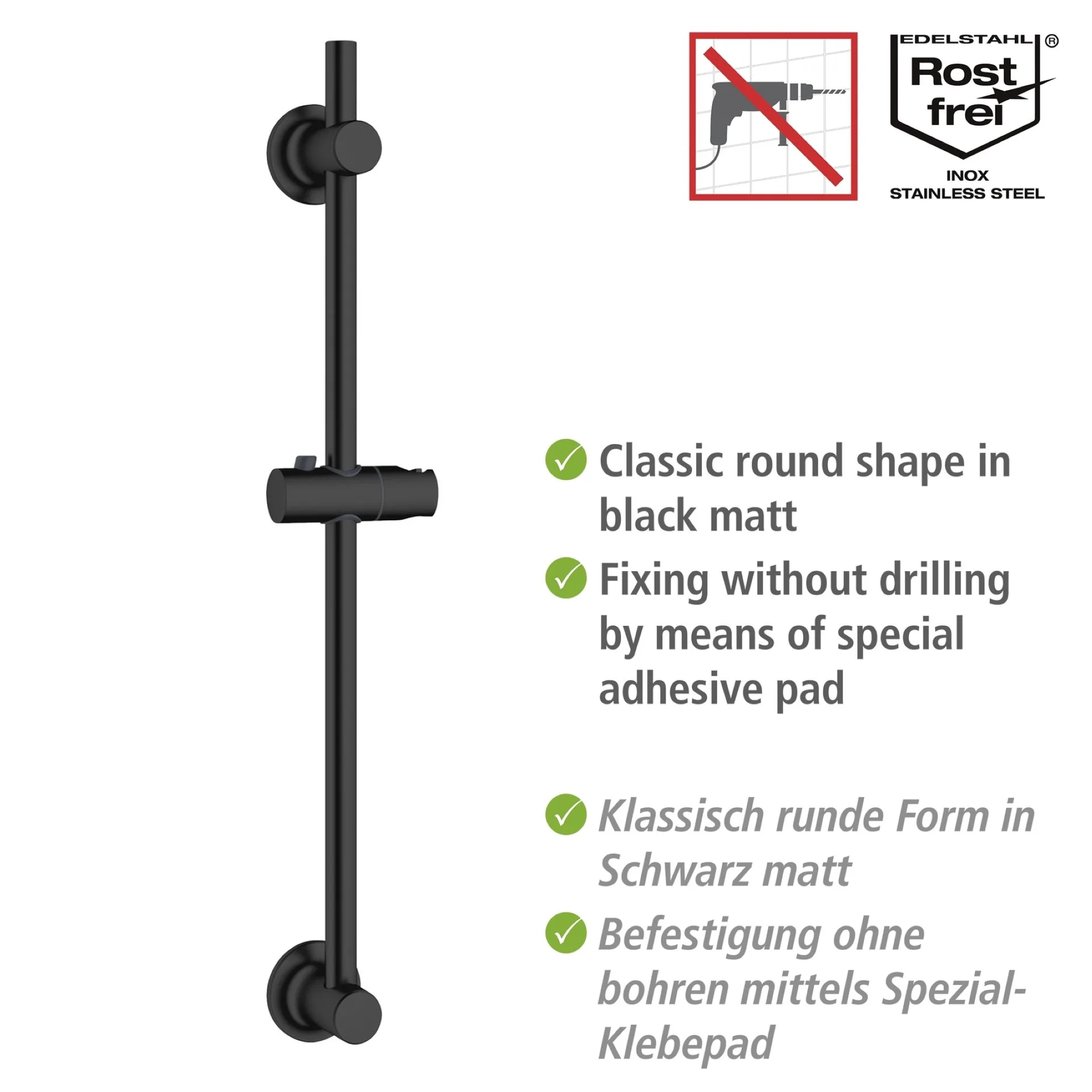 WENKO Duschstange 70 cm, Schwarz, Befestigen ohne Bohren