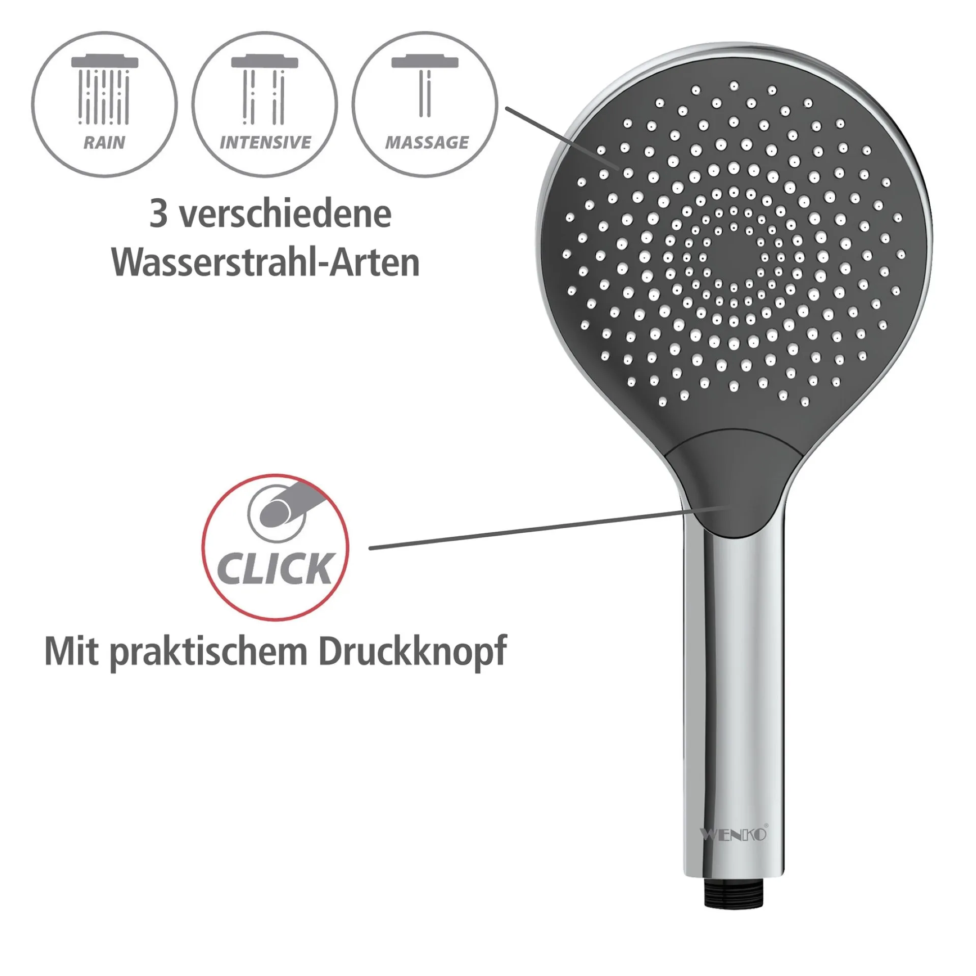 WENKO Duschkopf Ø 12 cm, Chrom/Grau, mit Wassersparsystem, 3 verschiedene Wasserstrahlarten
