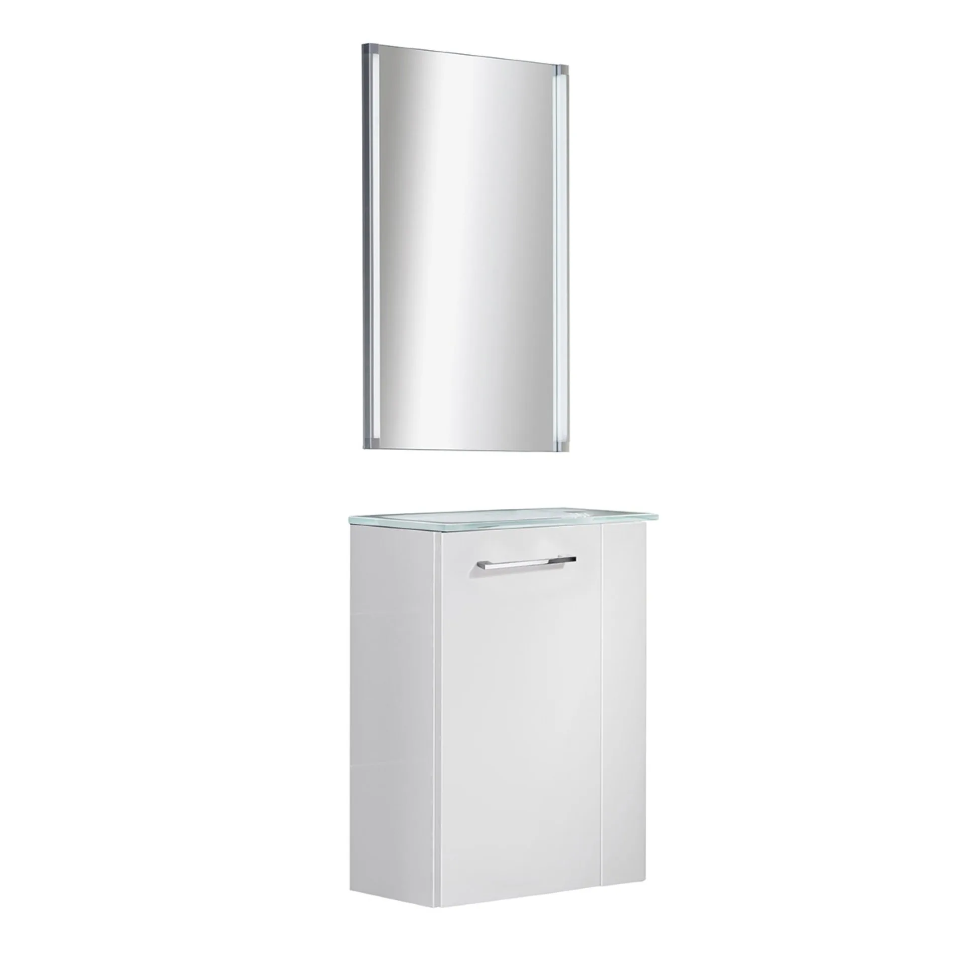 FACKELMANN SBC SCENO Gäste WC Waschtisch Set mit Spiegel 45 cm breit, Weiß, Waschbecken Glas Weiß, Türanschlag links