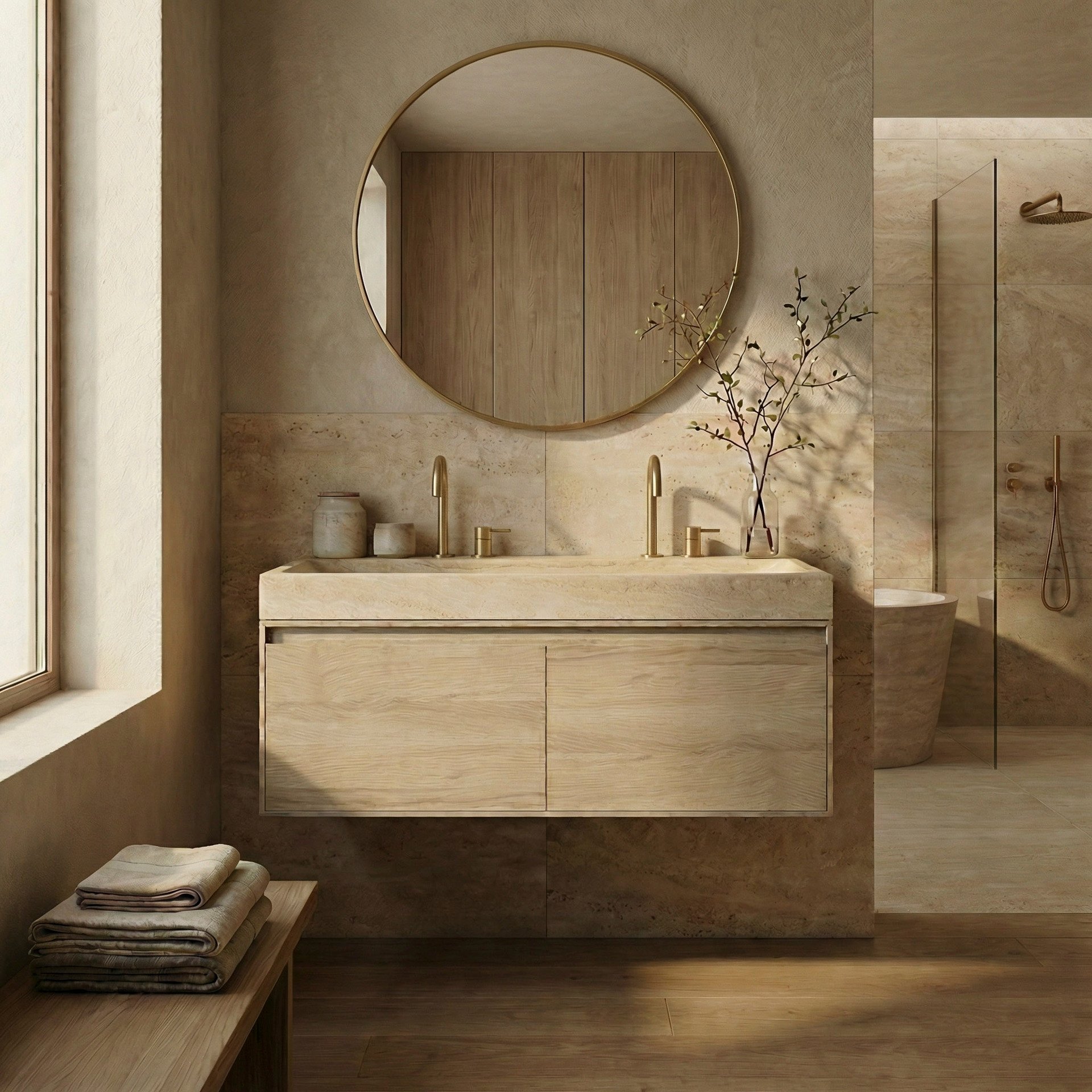 FORZALAQUA IBIZA BELLEZZA Waschbecken mit Unterschrank 120 cm breit , Braun hell, Natursteinwaschbecken Travertin matt mit zwei Hahnlöchern, 2 Schubladen
