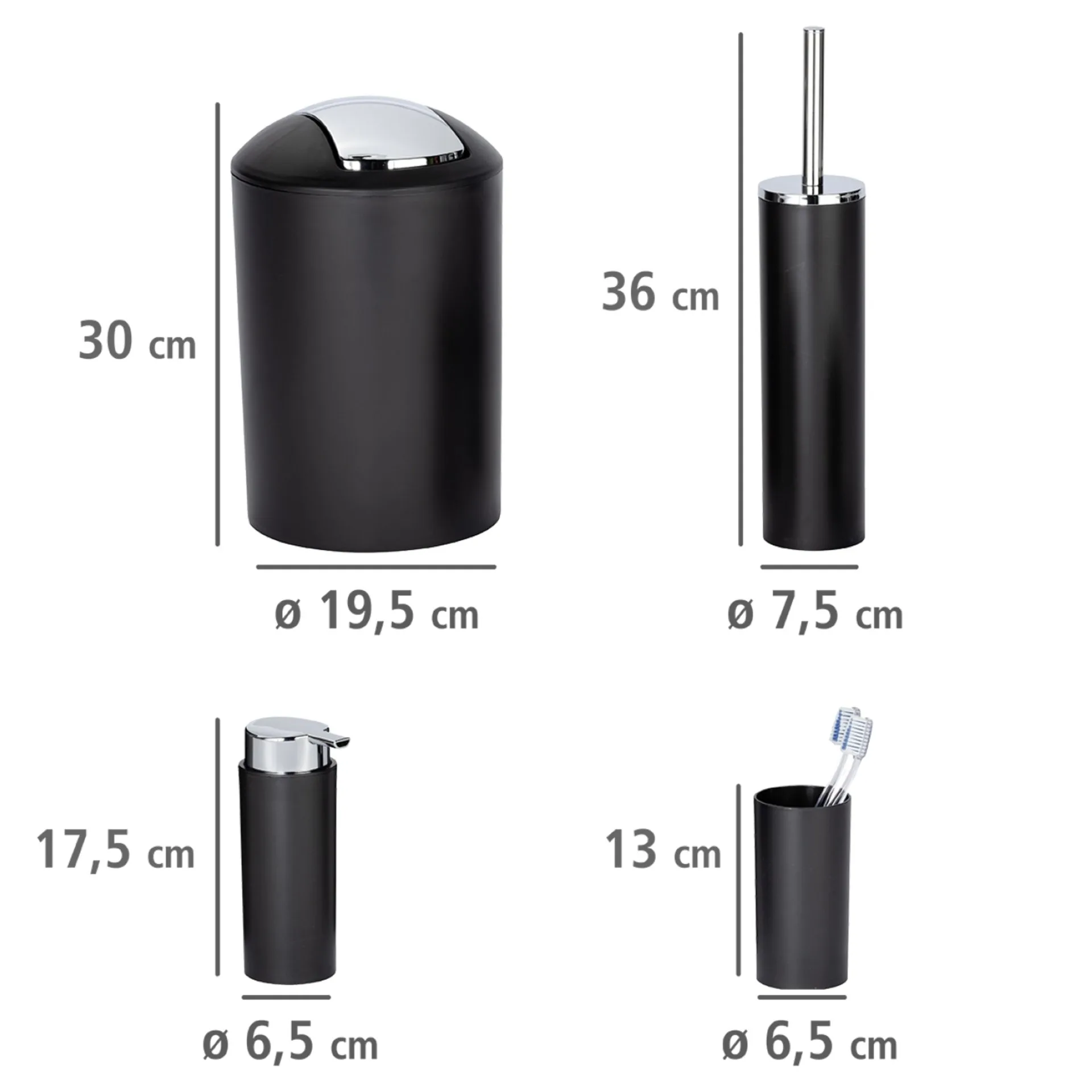 WENKO CALVO Accessoire Set, Schwarz, Zahnputzbecher, Seifenspender, WC-Garnitur, Kosmetikeimer