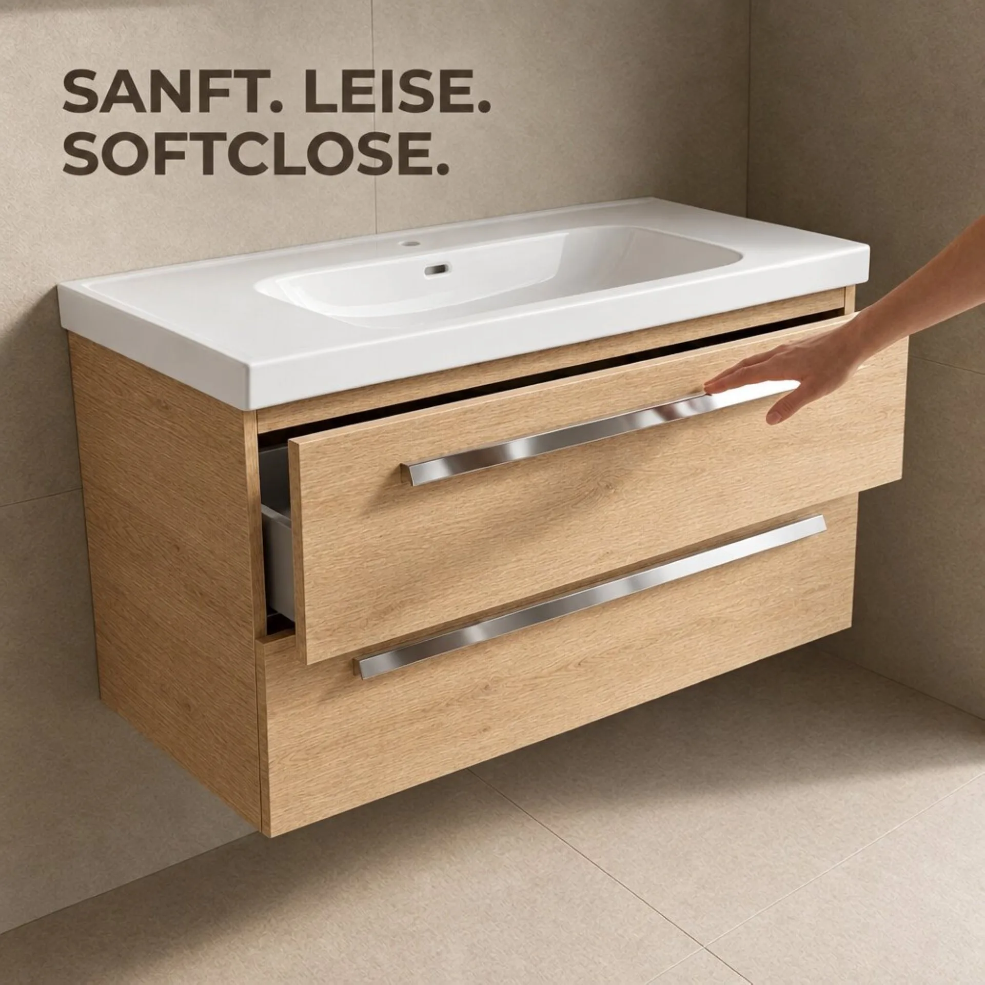 BADEDU TESSANO Waschbecken mit Unterschrank 90 cm breit, Braun hell, Waschbecken Keramik Weiß