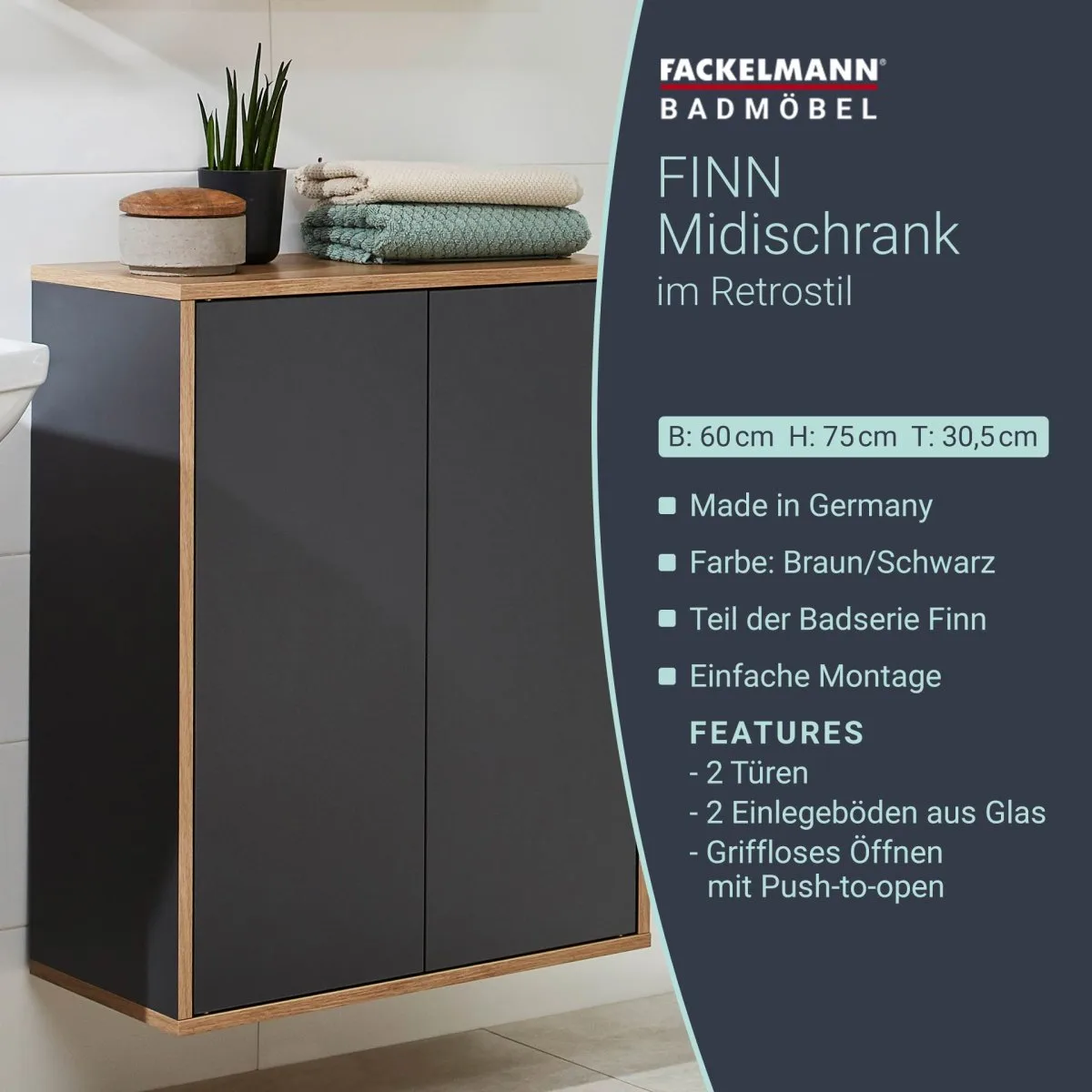 FACKELMANN FINN Doppel Midischrank 60 cm breit, Anthrazit/Braun hell
