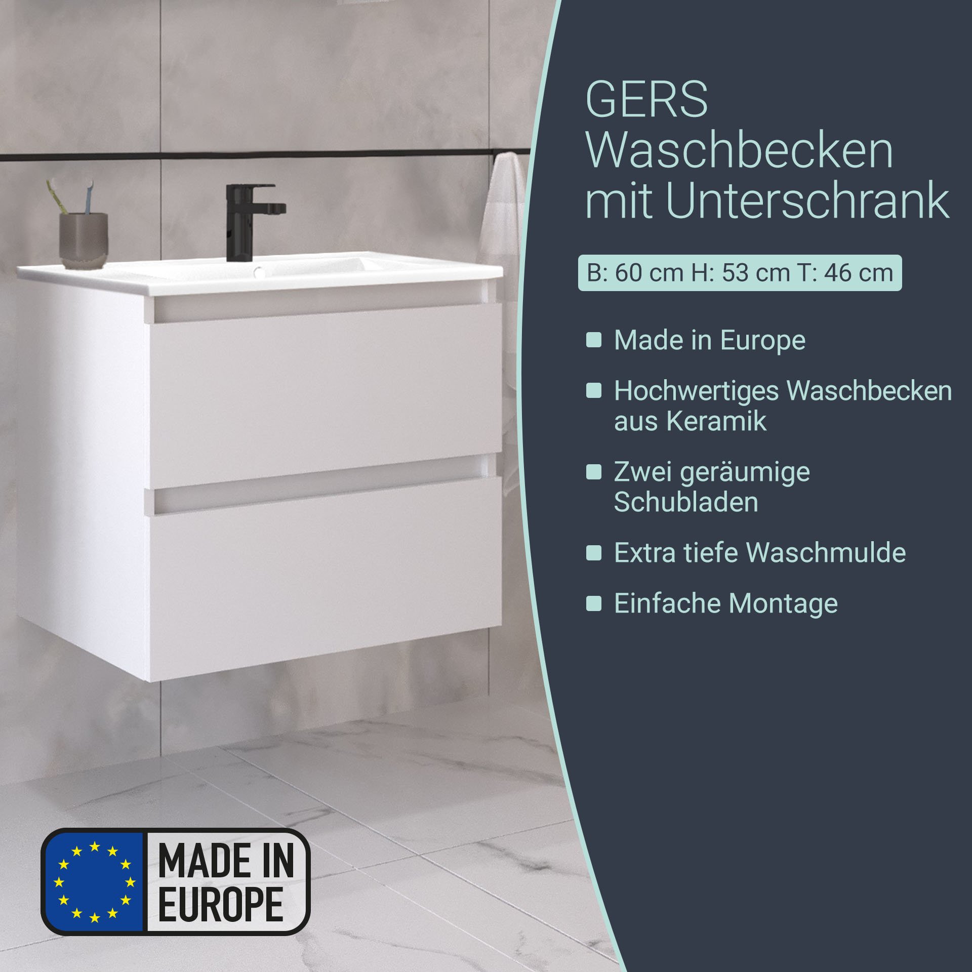 BADEDU GERS Waschbecken mit Unterschrank 60 cm breit, Weiß, Waschbecken Keramik Weiß
