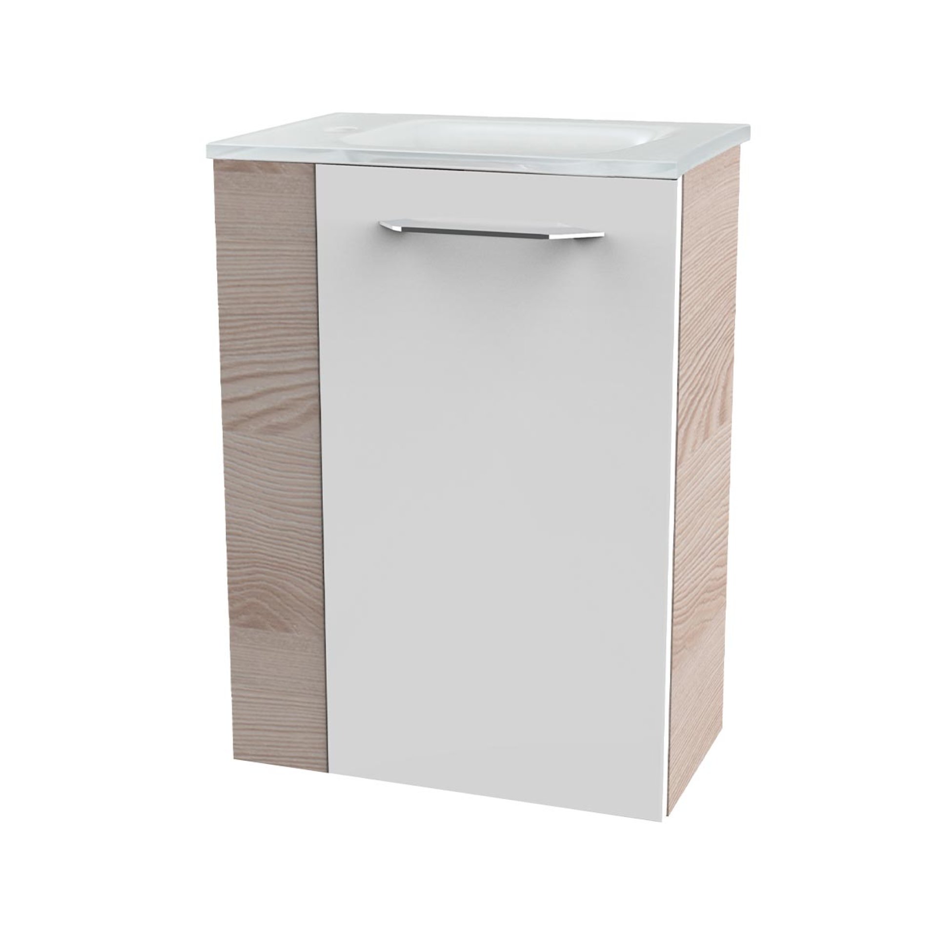 FACKELMANN SBC B.CLEVER Gäste WC Waschtisch Set 45 cm breit, Weiß/Braun hell, Waschbecken Glas Weiß, Türanschlag rechts
