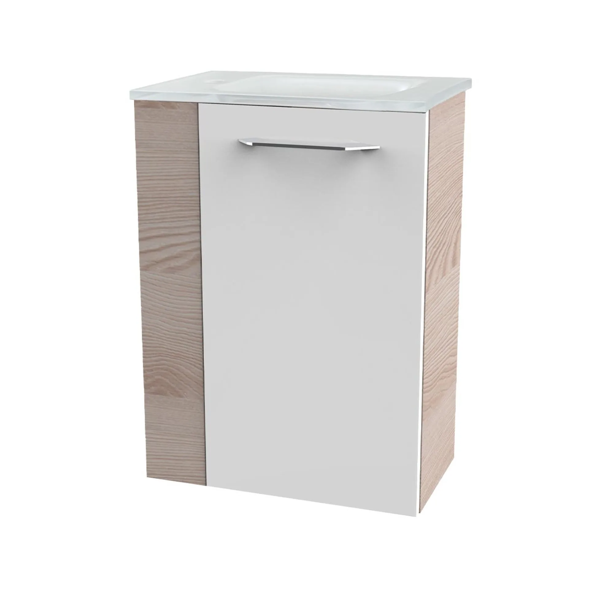 FACKELMANN SBC B.CLEVER Gäste WC Waschtisch Set 45 cm breit, Weiß/Braun hell, Waschbecken Glas Weiß, Türanschlag rechts