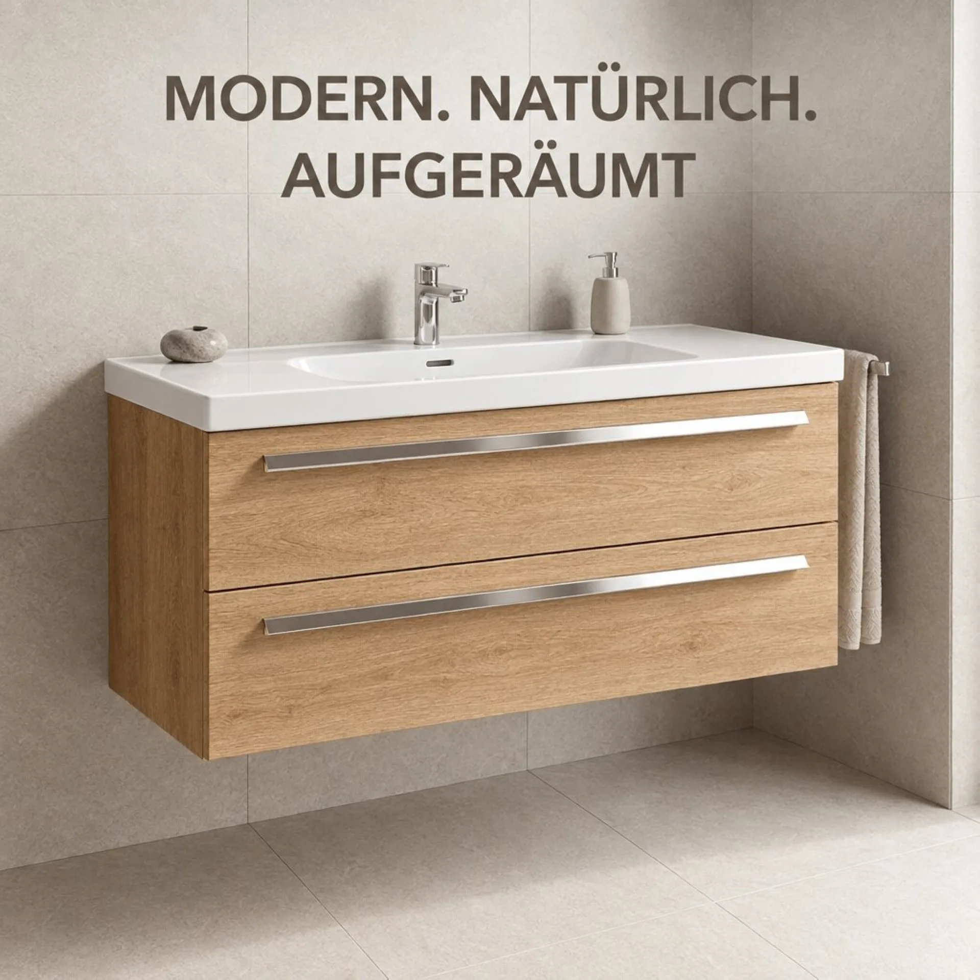 BADEDU TESSANO Waschbecken mit Unterschrank 120 cm breit, Braun hell, Waschbecken Keramik Weiß
