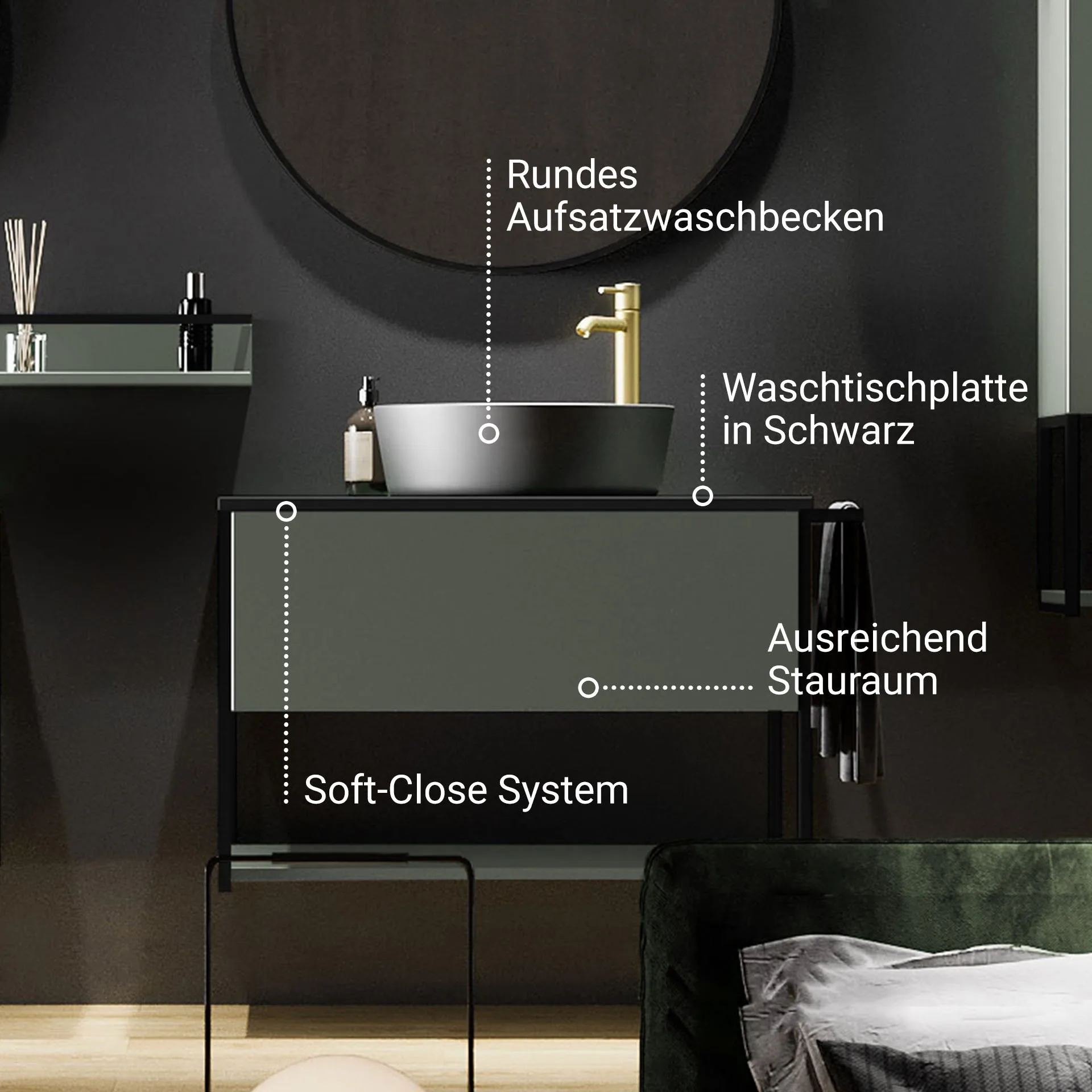 BADEDU DUNA Waschbecken mit Unterschrank 60 cm breit, Grün, Aufsatzwaschbecken Keramik Weiß, Waschtischplatte Anthrazit