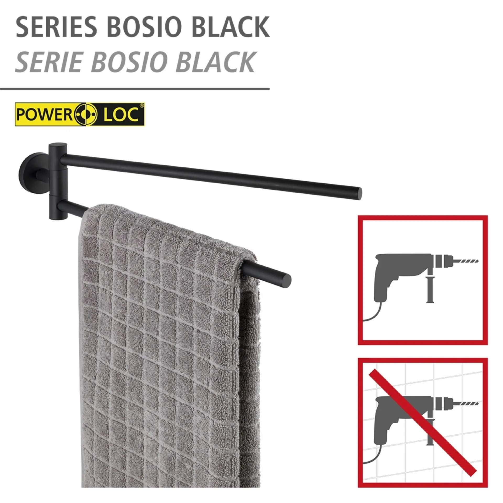 WENKO BOSIO Handtuchhalter und Kleber, Schwarz matt, Befestigen ohne Bohren