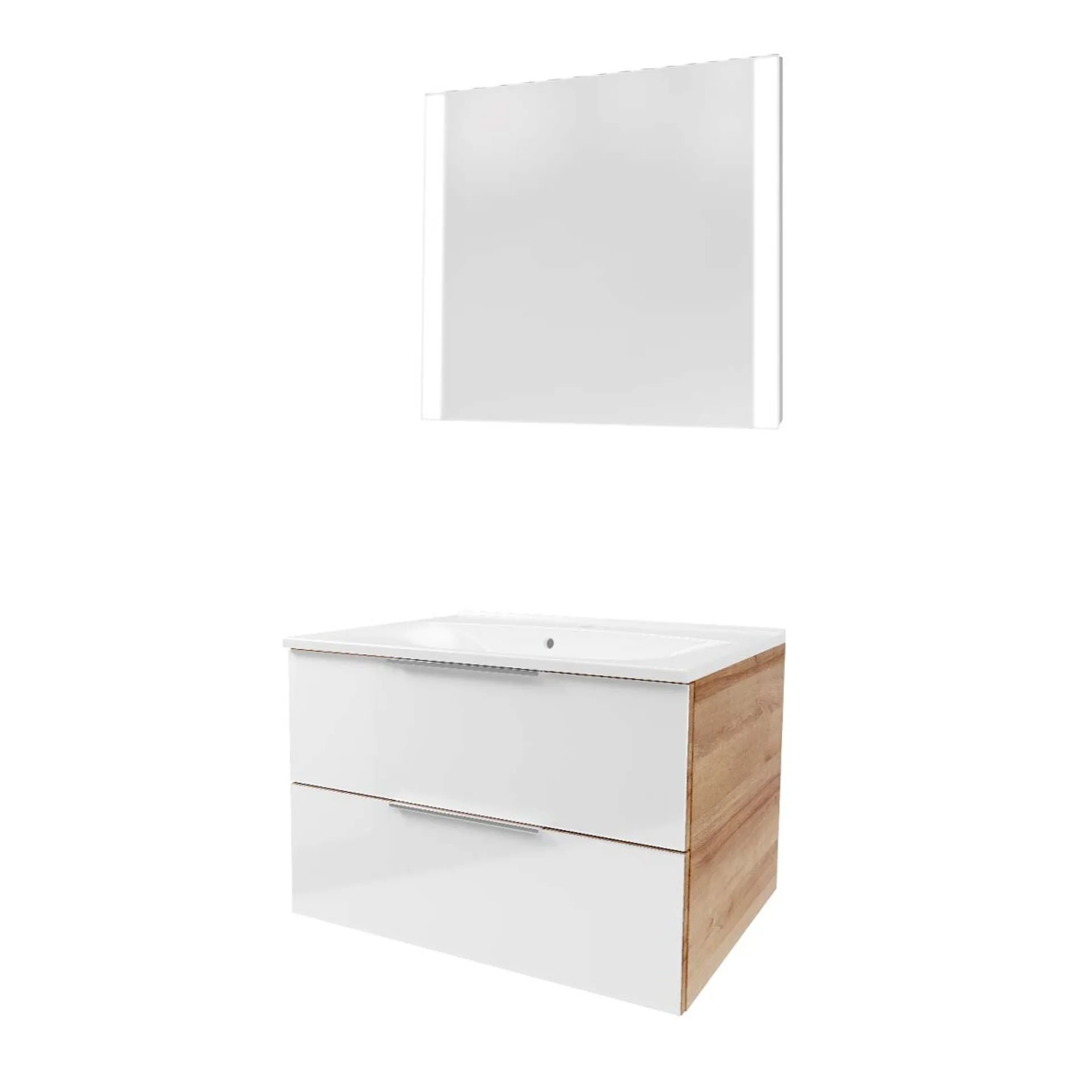 FACKELMANN B.BRILLLANT Waschtisch Set mit Spiegel 80 cm breit, Weiß Glas/Braun hell, Waschbecken Gussmarmor Weiß