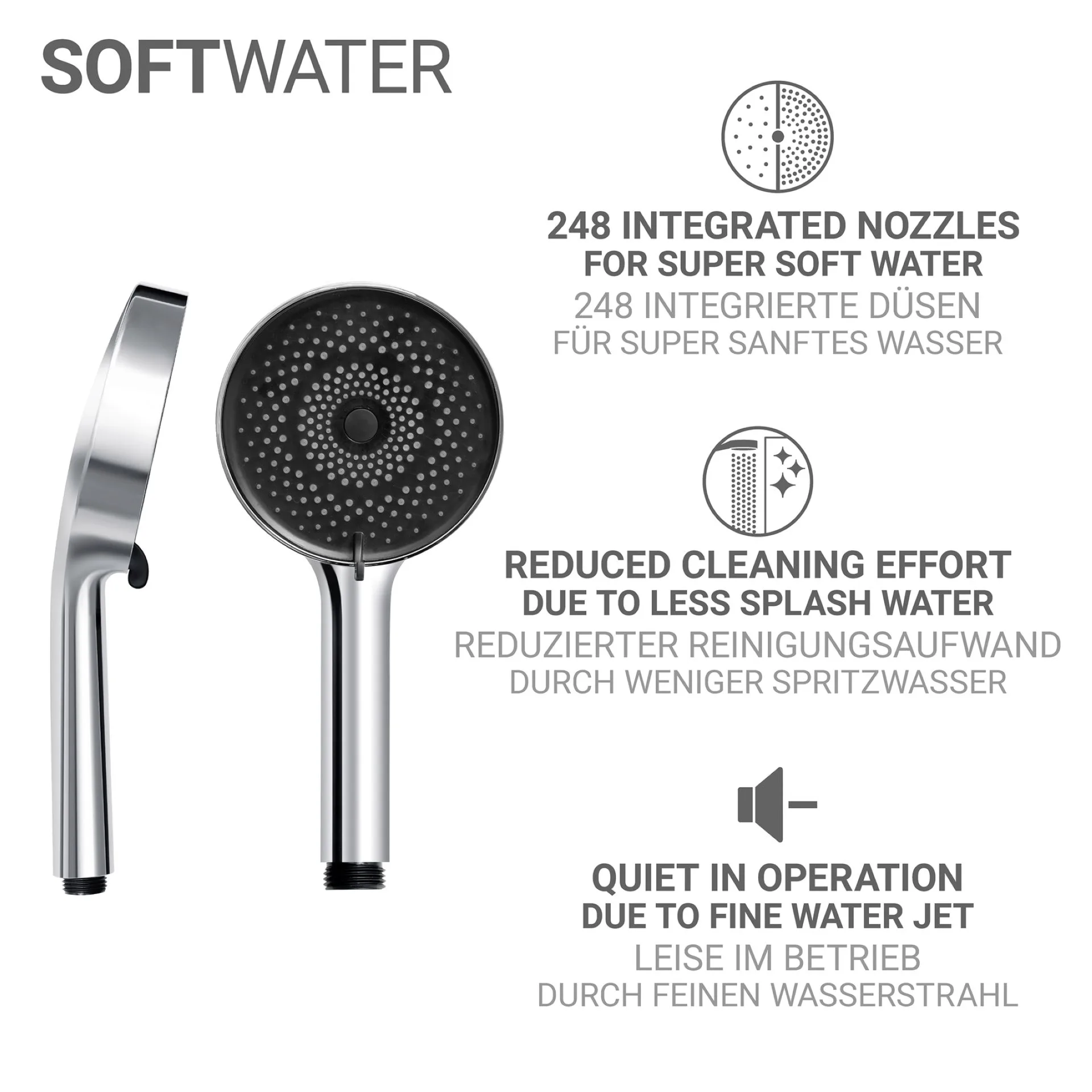 WENKO SOFTWATER Stangenbrause Set 70 cm, Chrom, Edelstahl, 3 verschiedene Wasserstrahlarten