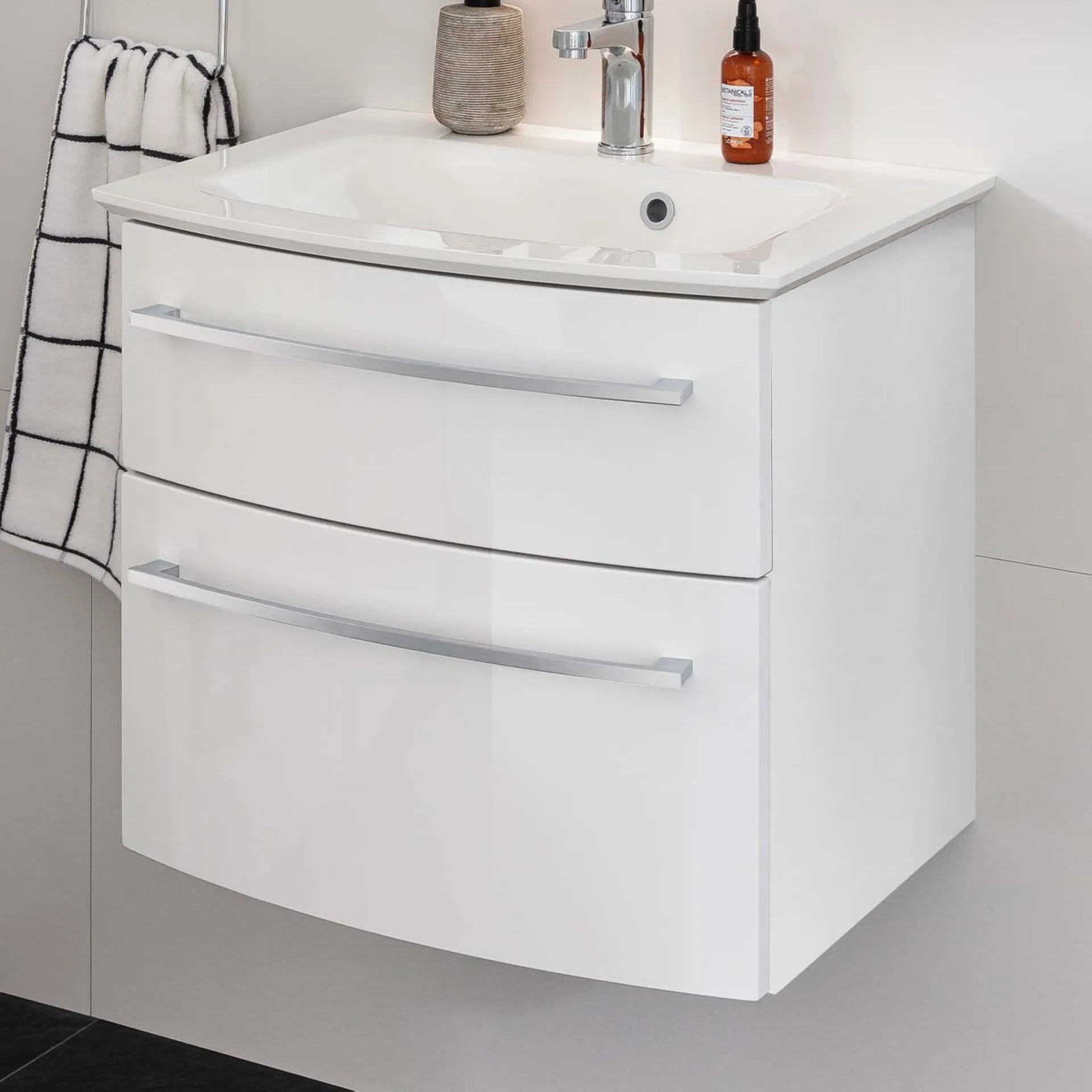 FACKELMANN B.STYLE Waschbecken mit Unterschrank 63 cm breit, Weiß, Waschbecken Gussmarmor Weiß
