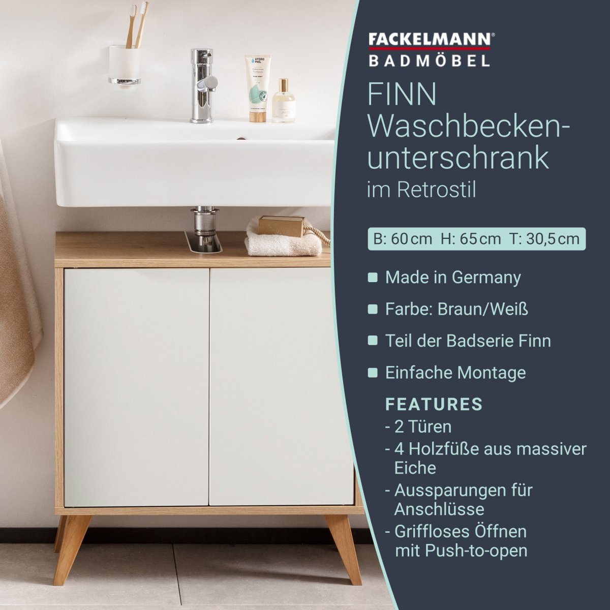 FACKELMANN FINN Waschbeckenunterschrank 60 cm breit, Weiß/Braun hell + Holzfüße