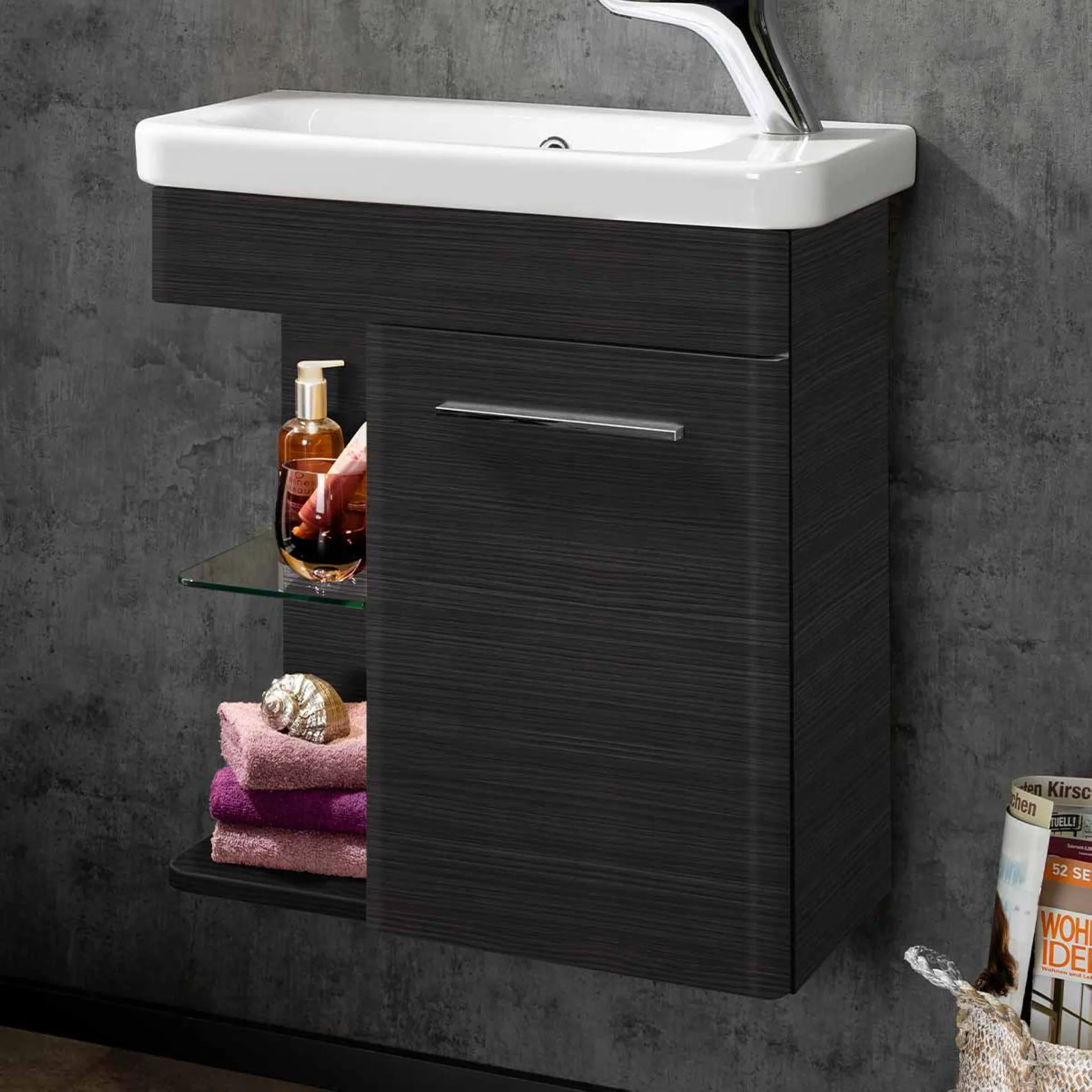 LANZET K8 Gäste WC Waschtisch Set 60 cm breit, Anthrazit Holzoptik, Waschbecken Keramik Weiß, Türanschlag rechts