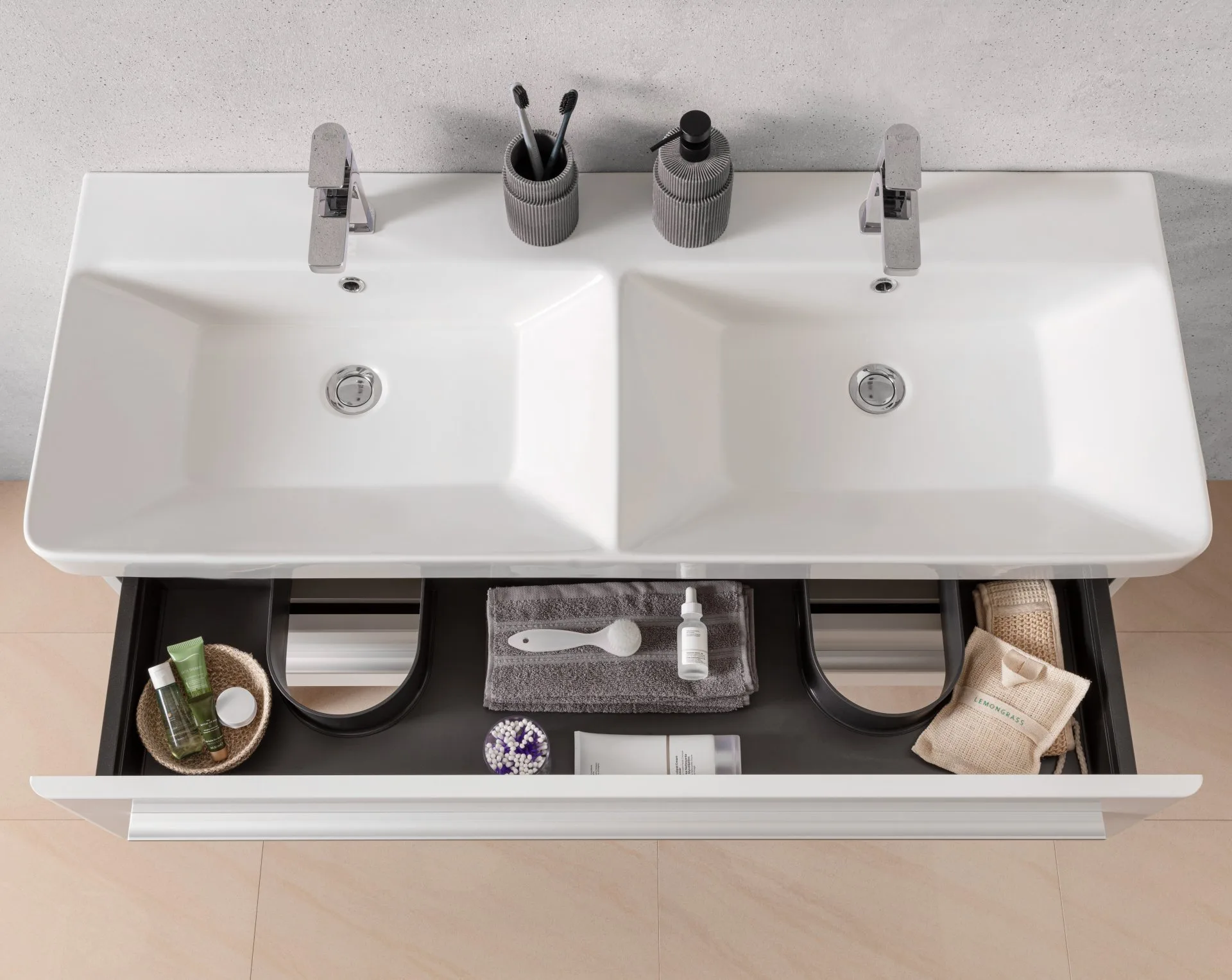 LANZET K8 Waschtisch Set mit Spiegelschrank 120 cm breit, Braun hell, Doppelwaschbecken Keramik Weiß