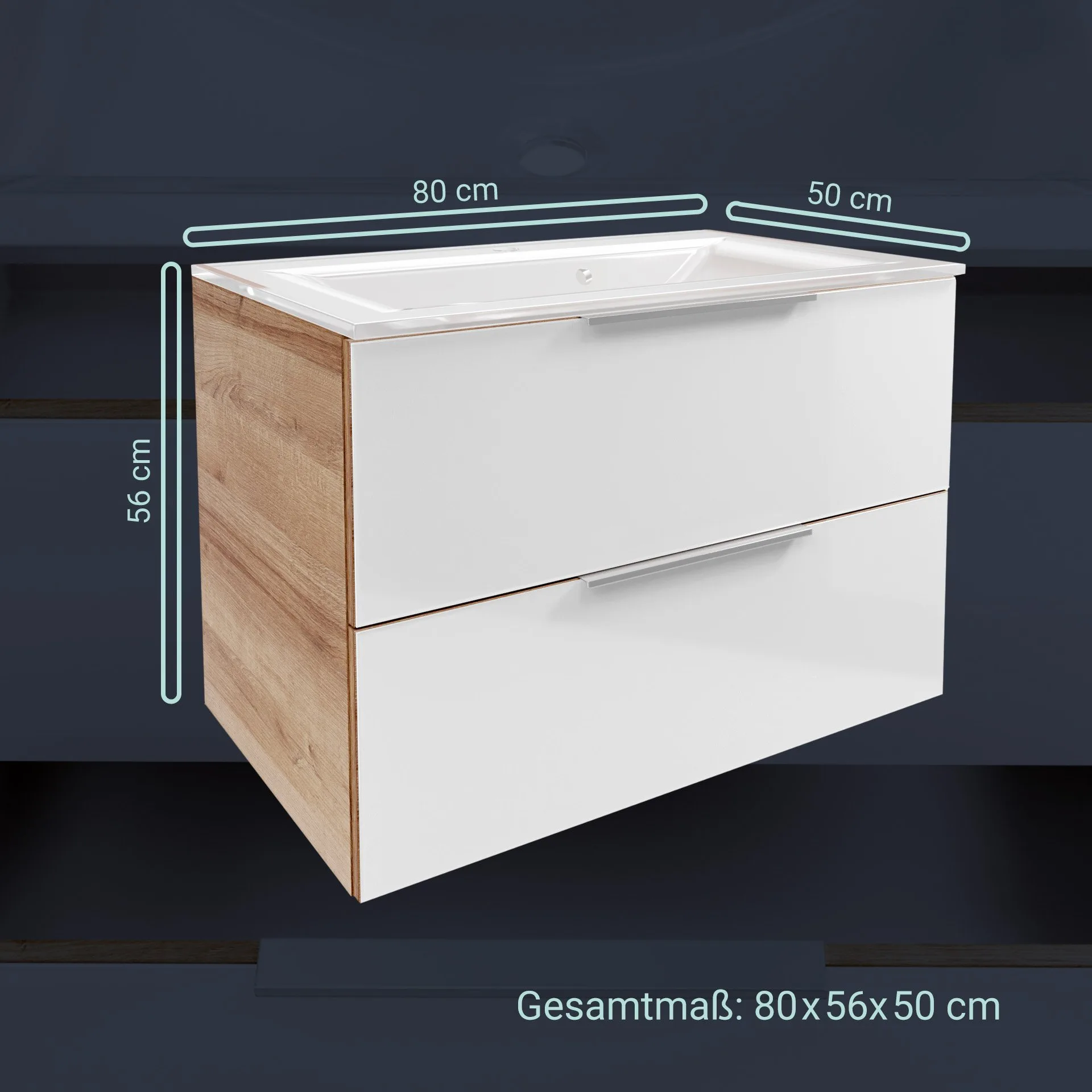 FACKELMANN B.BRILLANT Waschbecken mit Unterschrank 80 cm breit, Weiß Glas/Braun hell, Waschbecken Glas Weiß