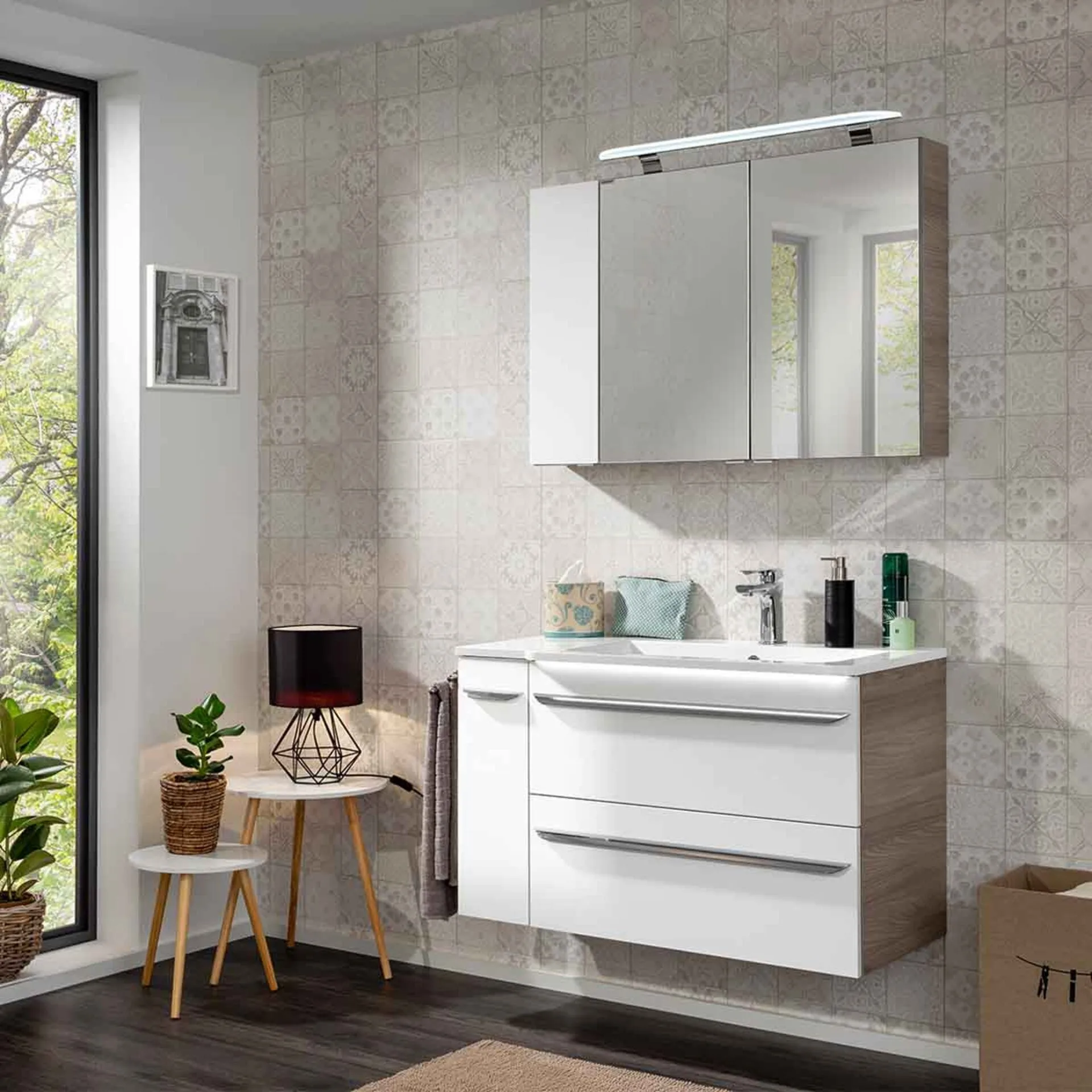 FACKELMANN LUXOR Waschbecken mit Unterschrank 100 cm breit, Weiß/Braun hell, Waschbecken Gussmarmor Weiß + Unterschrank Türanschlag rechts