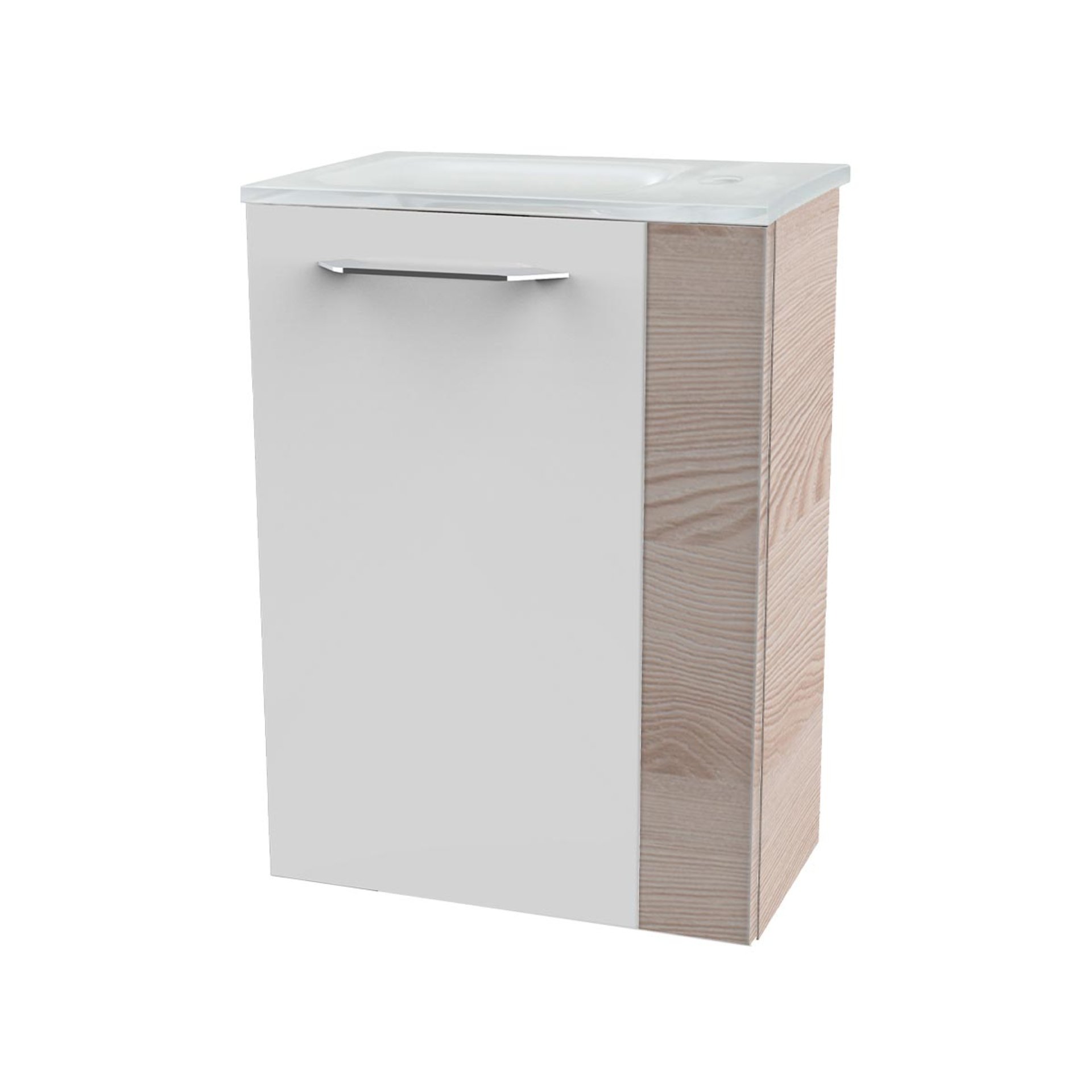 FACKELMANN SBC B.CLEVER Gäste WC Waschtisch Set 45 cm breit, Weiß/Braun hell, Waschbecken Glas Weiß, Türanschlag links