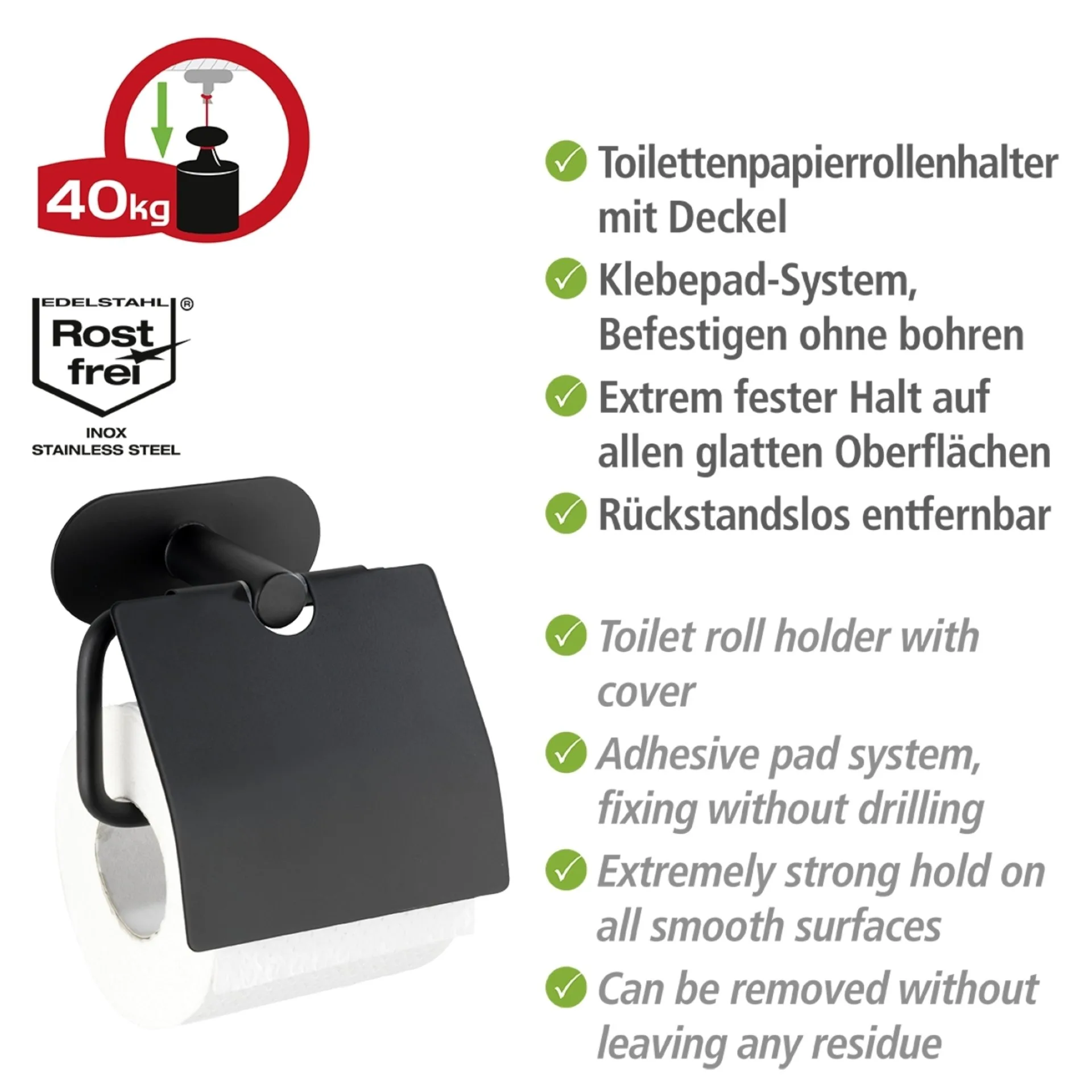 WENKO OREA Toilettenpapierhalter, Schwarz matt, mit Deckel, Befestigen ohne Bohren