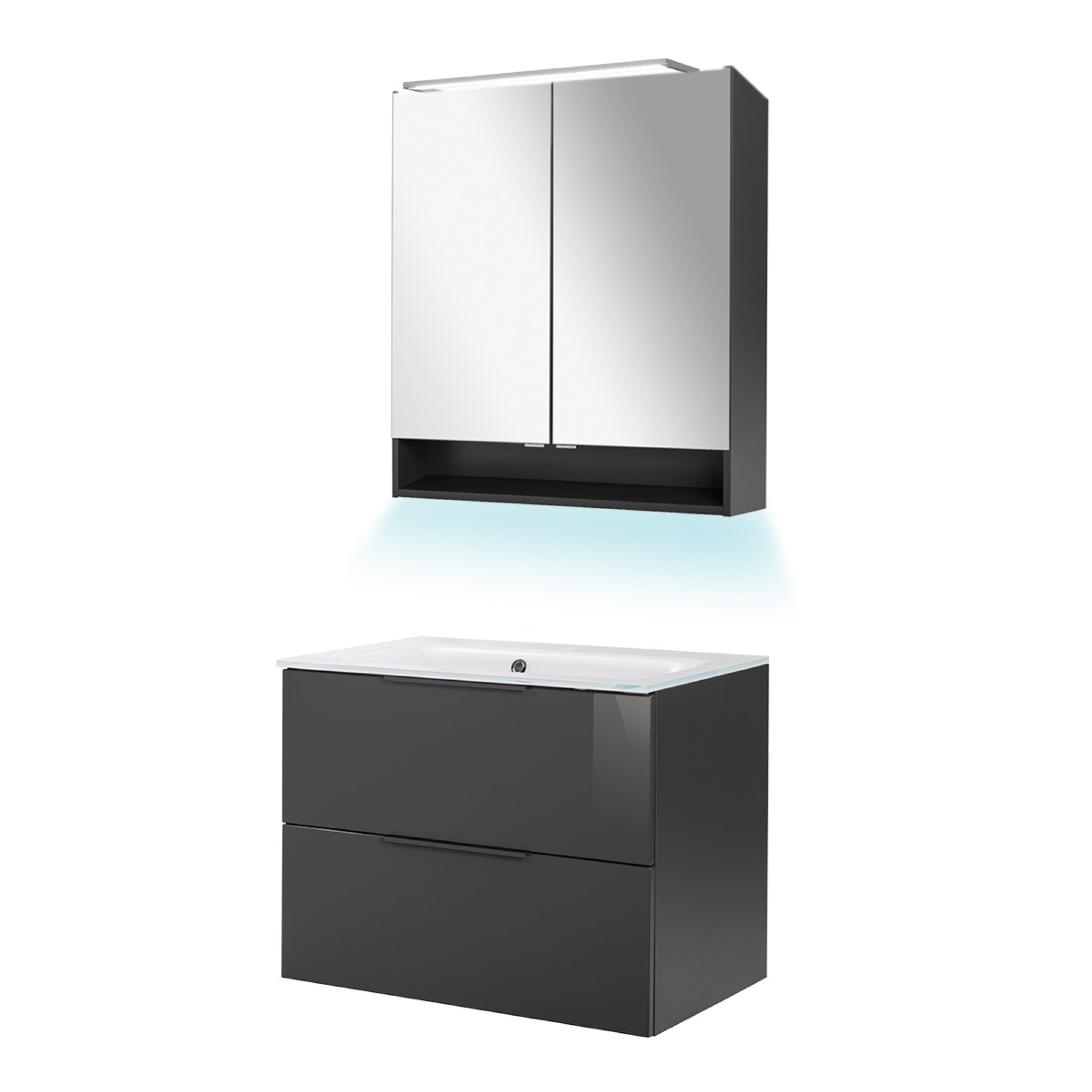 Fackelmann LUNA Badmöbel Set 4-teilig, 80 cm breit, Anthrazit, Glas Weiß+Spiegelschrank