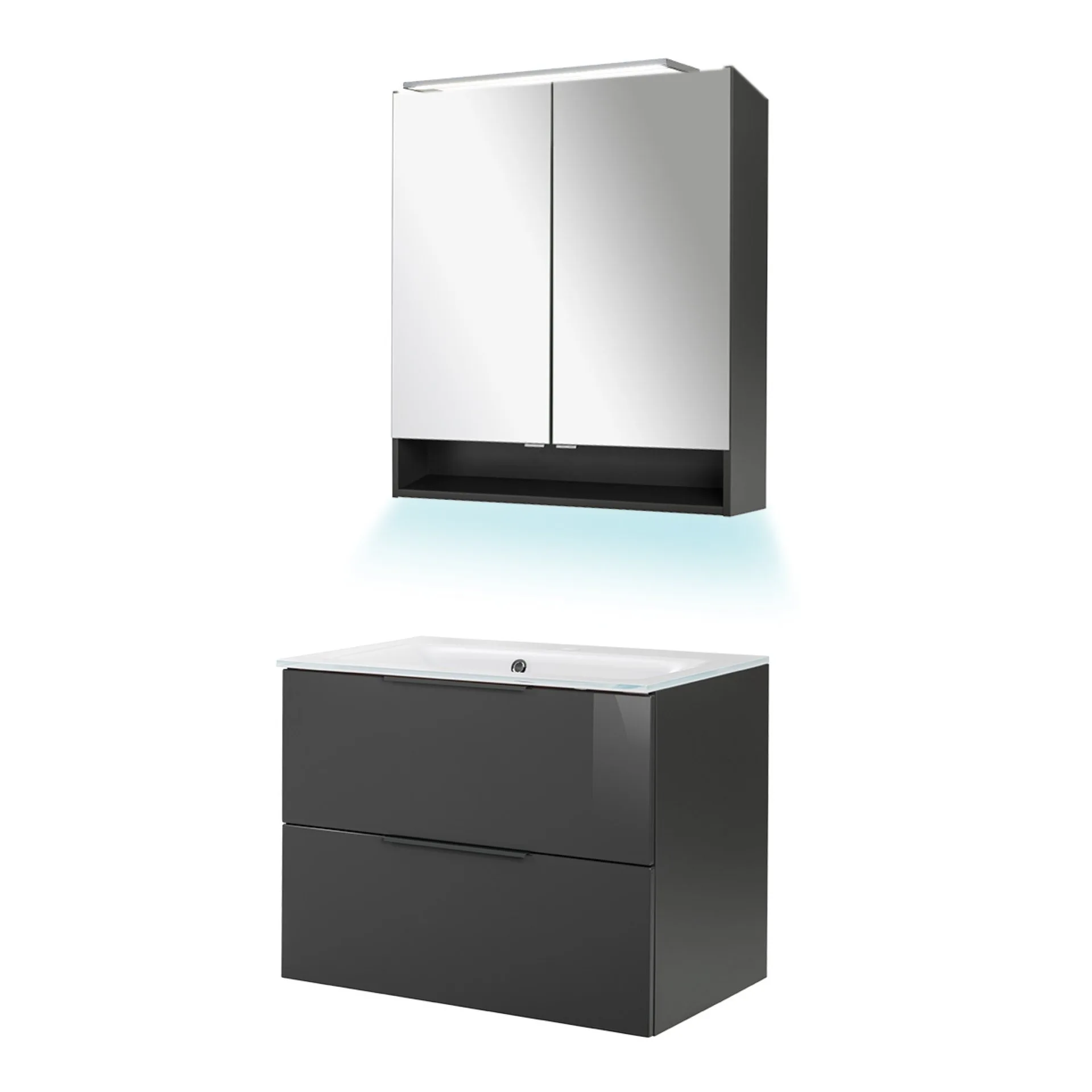 FACKELMANN LUNA Waschtisch Set mit Spiegelschrank 80 cm breit, Anthrazit, Waschbecken Glas Weiß + Ambientebeleuchtung
